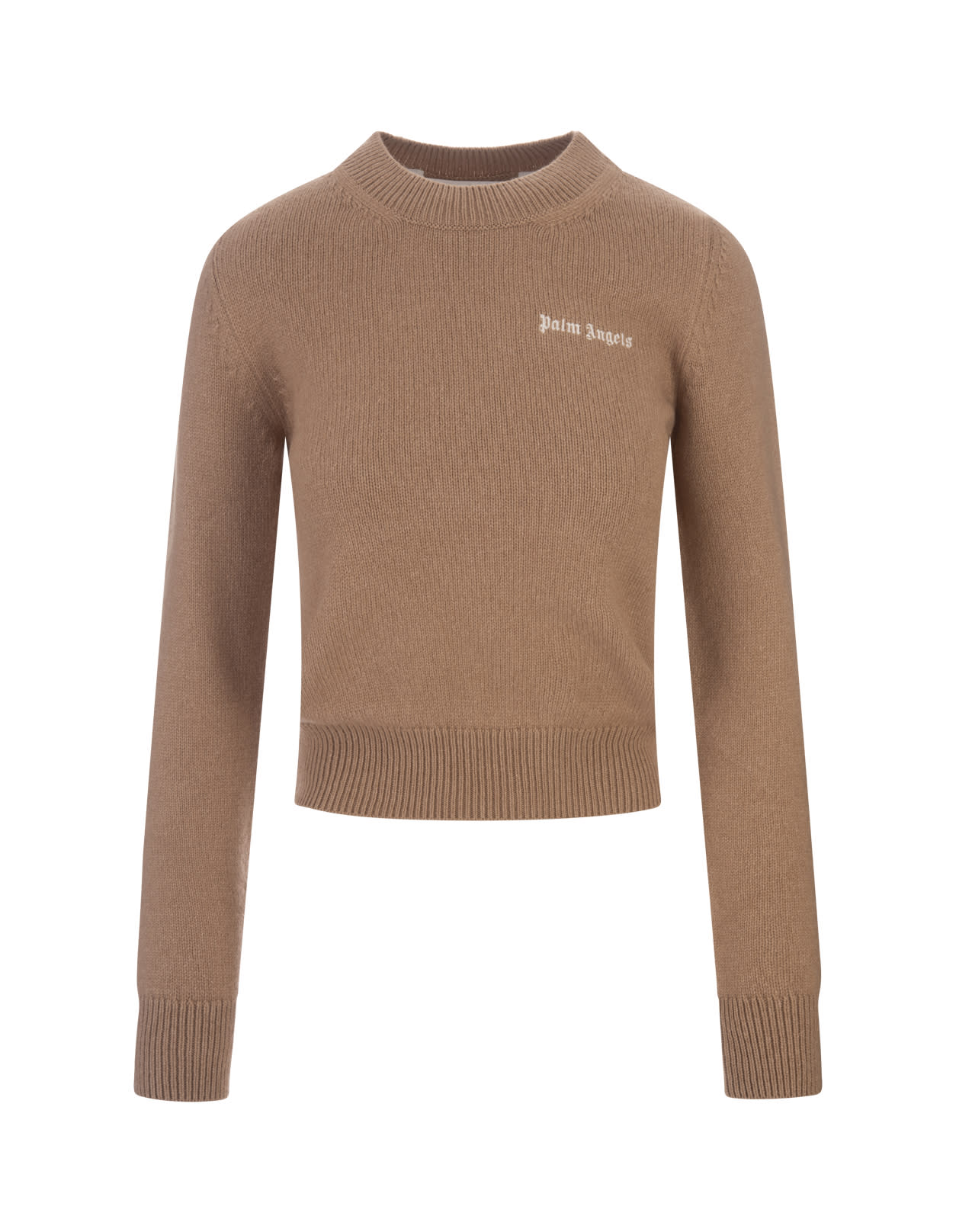 Palm Angels Camel Sweater With Contrasting Logo In Brown