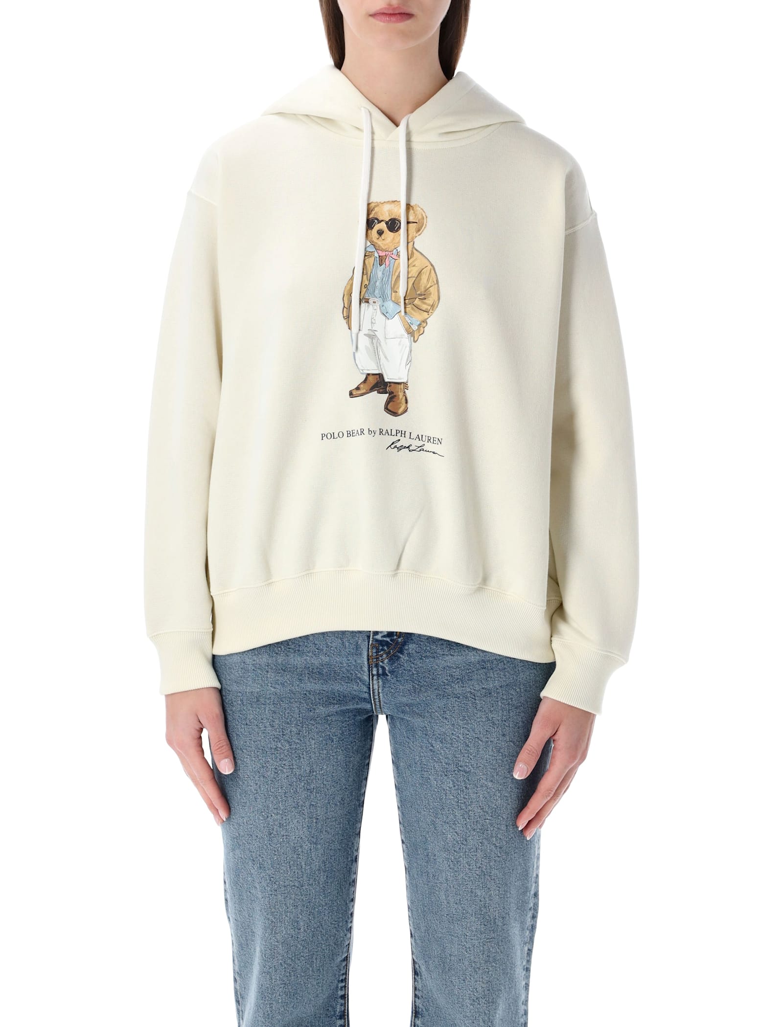 Polo Ralph Lauren Bear Hoodie Top Graphic Print Ribbed Cuffs In Neutral