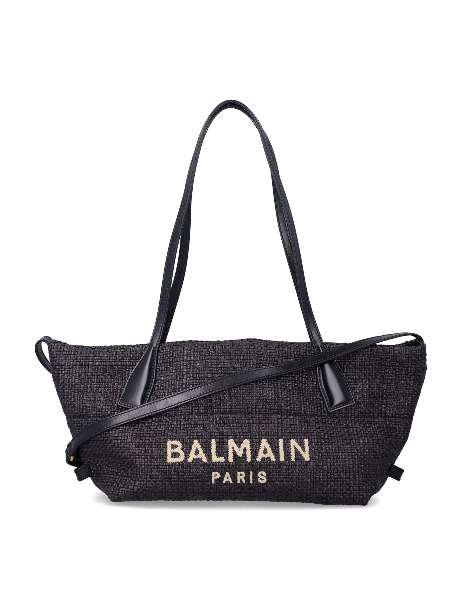 Balmain Small Track Tote Bag In Raffia In Black