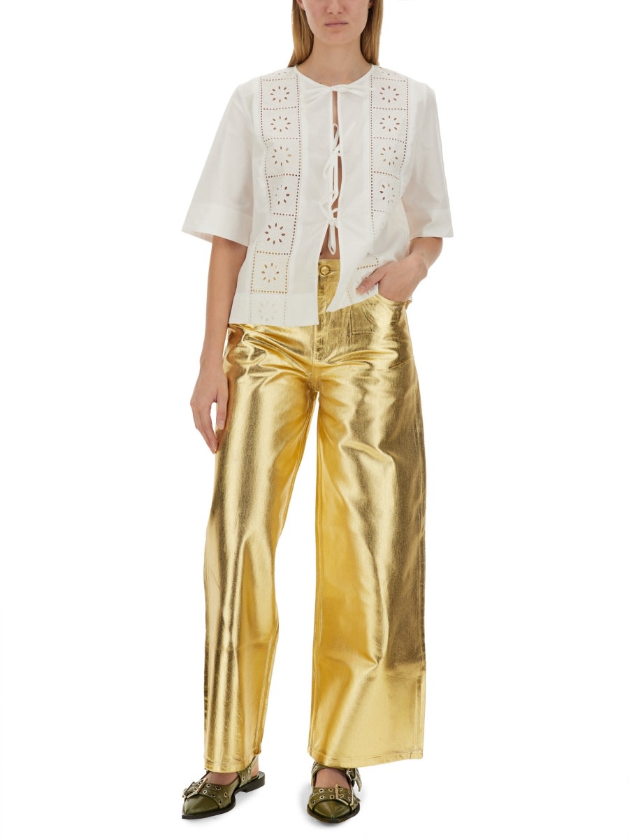 Ganni Gold Five Pockets Wide Jeans In Laminated Fabric Woman In Gold