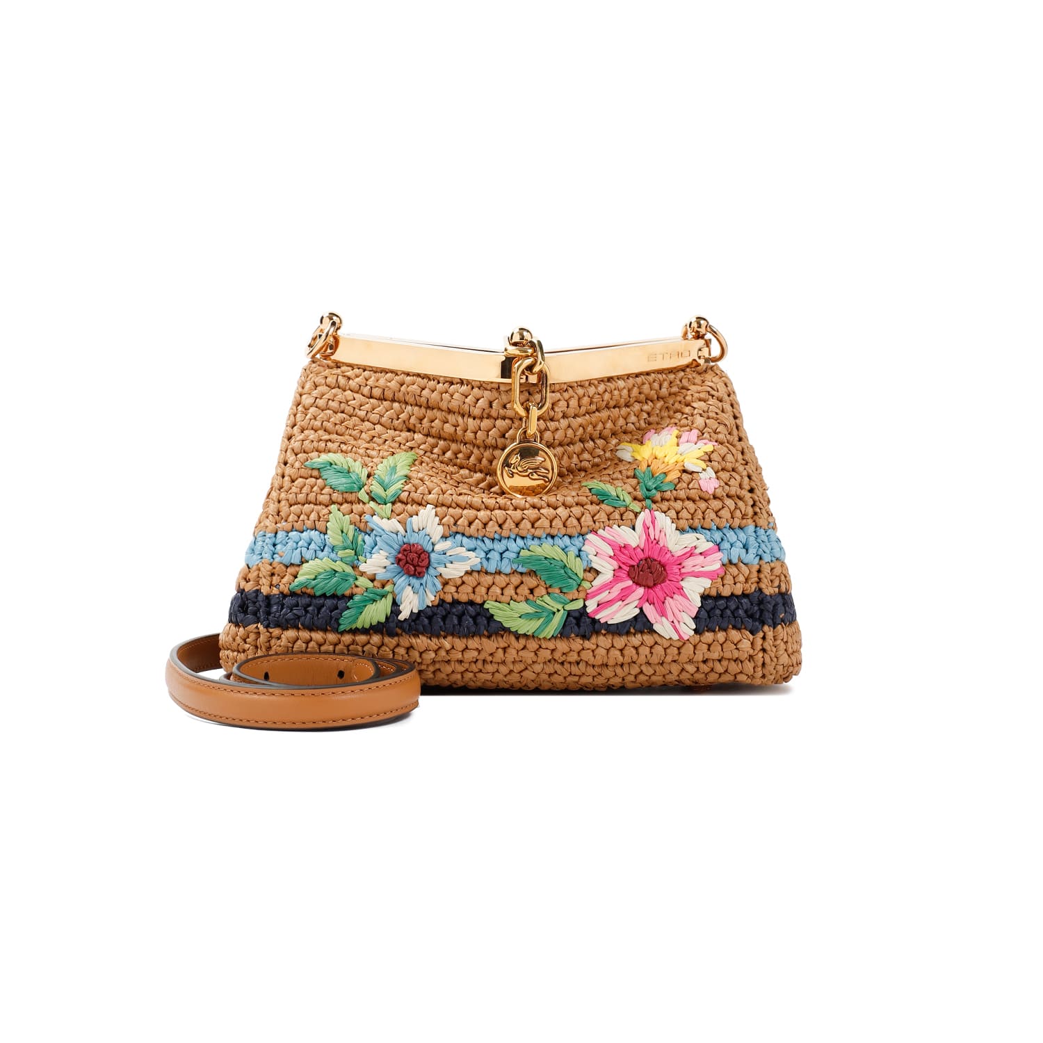 Shop Etro Embroidered Vela Raffia Handbag In Cammello