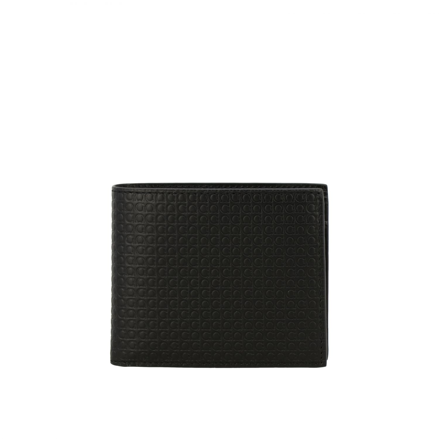 Ferragamo Leather Wallet With All Over Hook In Black
