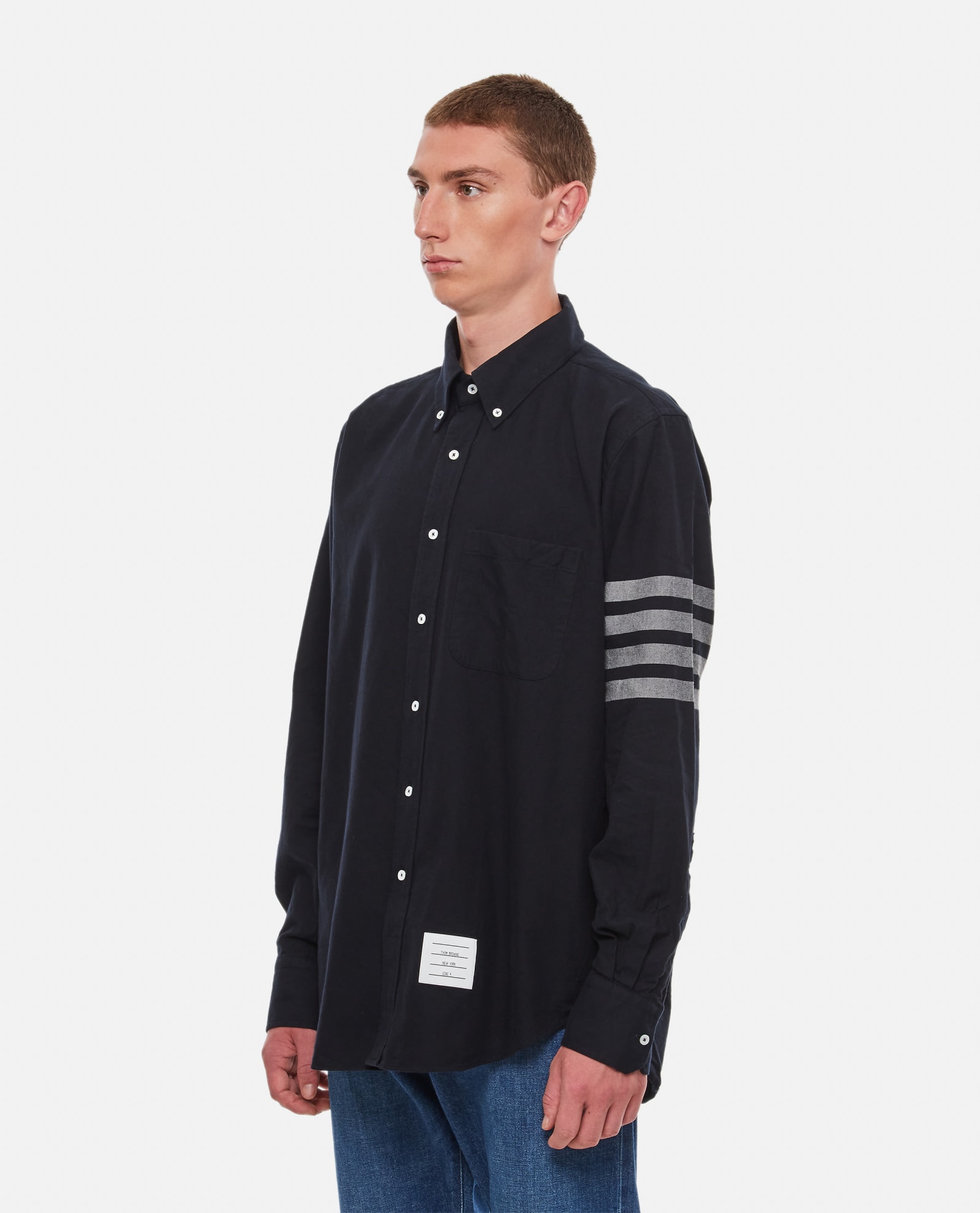THOM BROWNE STRAIGHT FIT SHIRT W/ TONAL 4 BAR IN FLANNEL