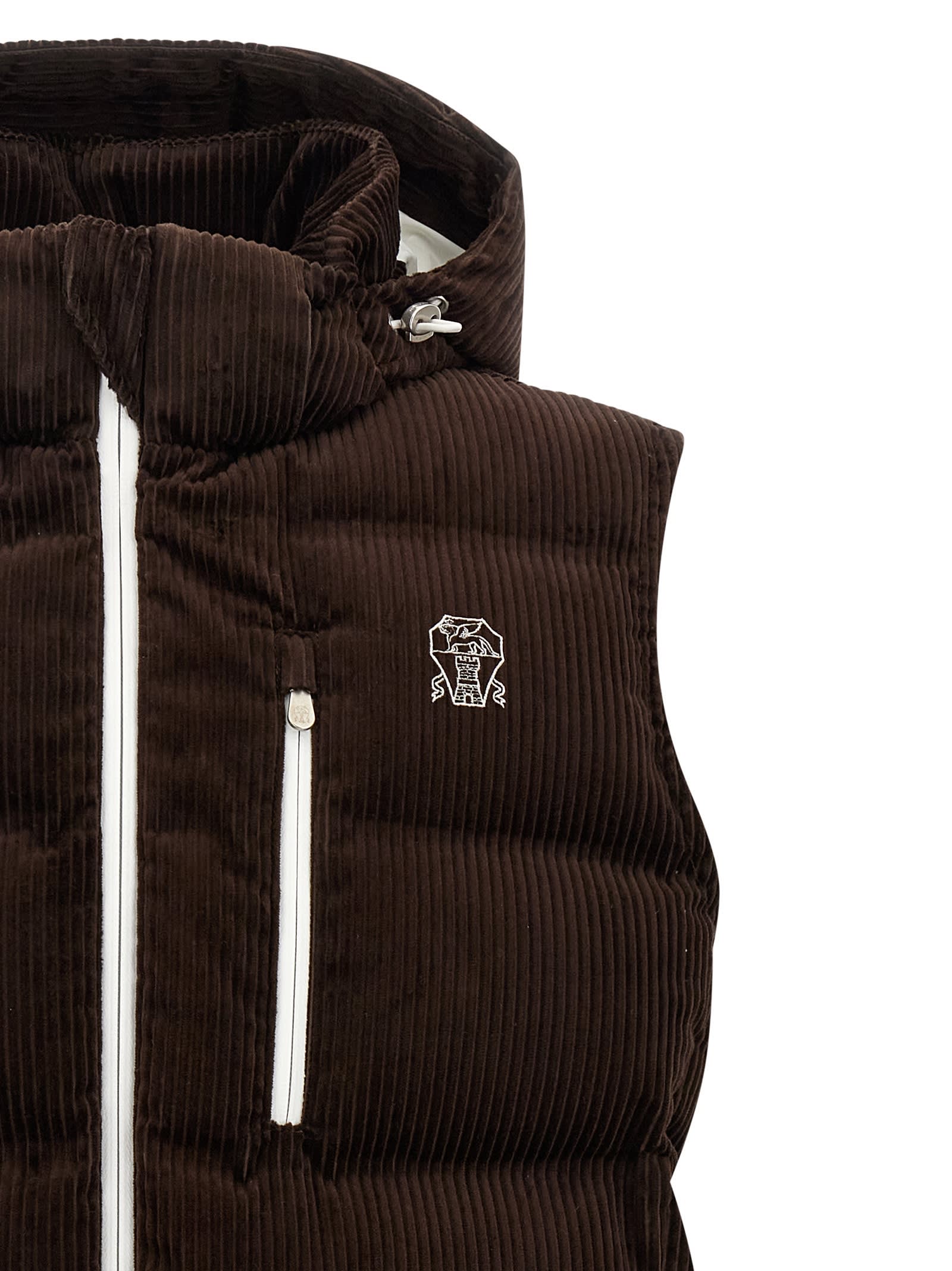 Brunello Cucinelli Velvet Padded Hooded Sleeveless Gilet In Brown