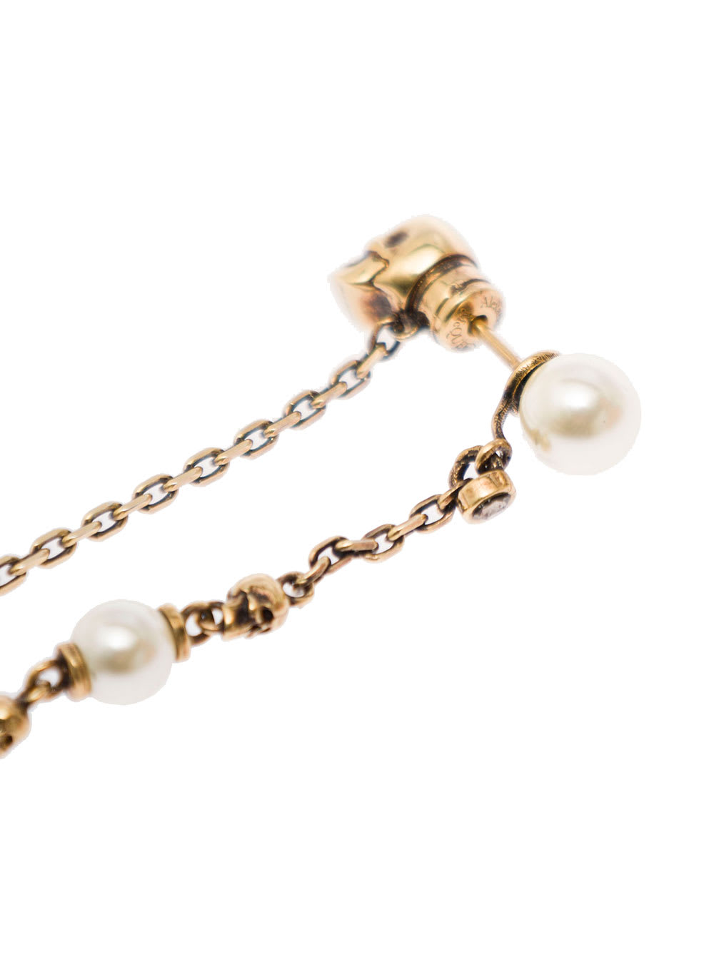 Shop Alexander Mcqueen Antique Gold-finished Drop Chain Earring With Skulls And Pearls In Brass Woman