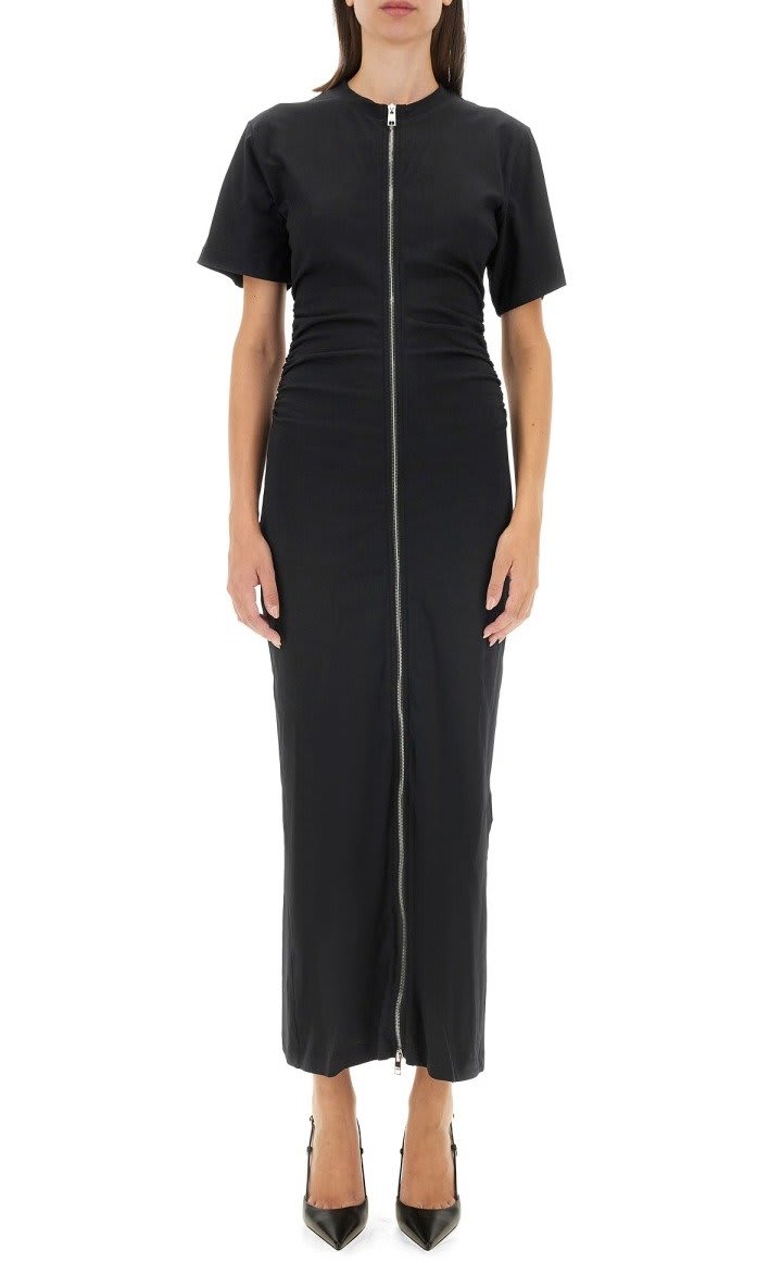 Shop Msgm Short-sleeved Zip-up Maxi Dress In Nero