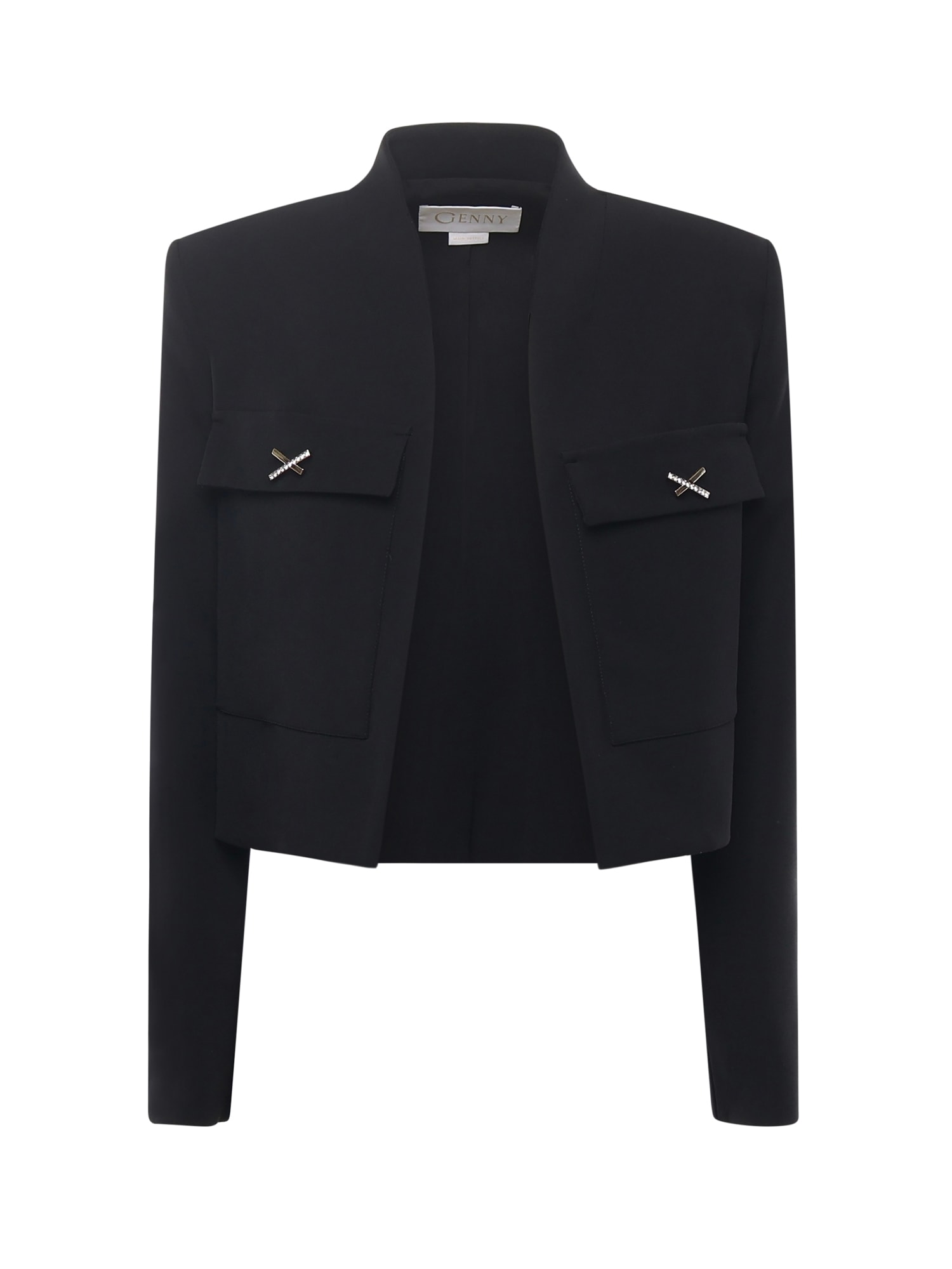 Genny Cropped Cady Jacket With Jeweled X Detail In Black