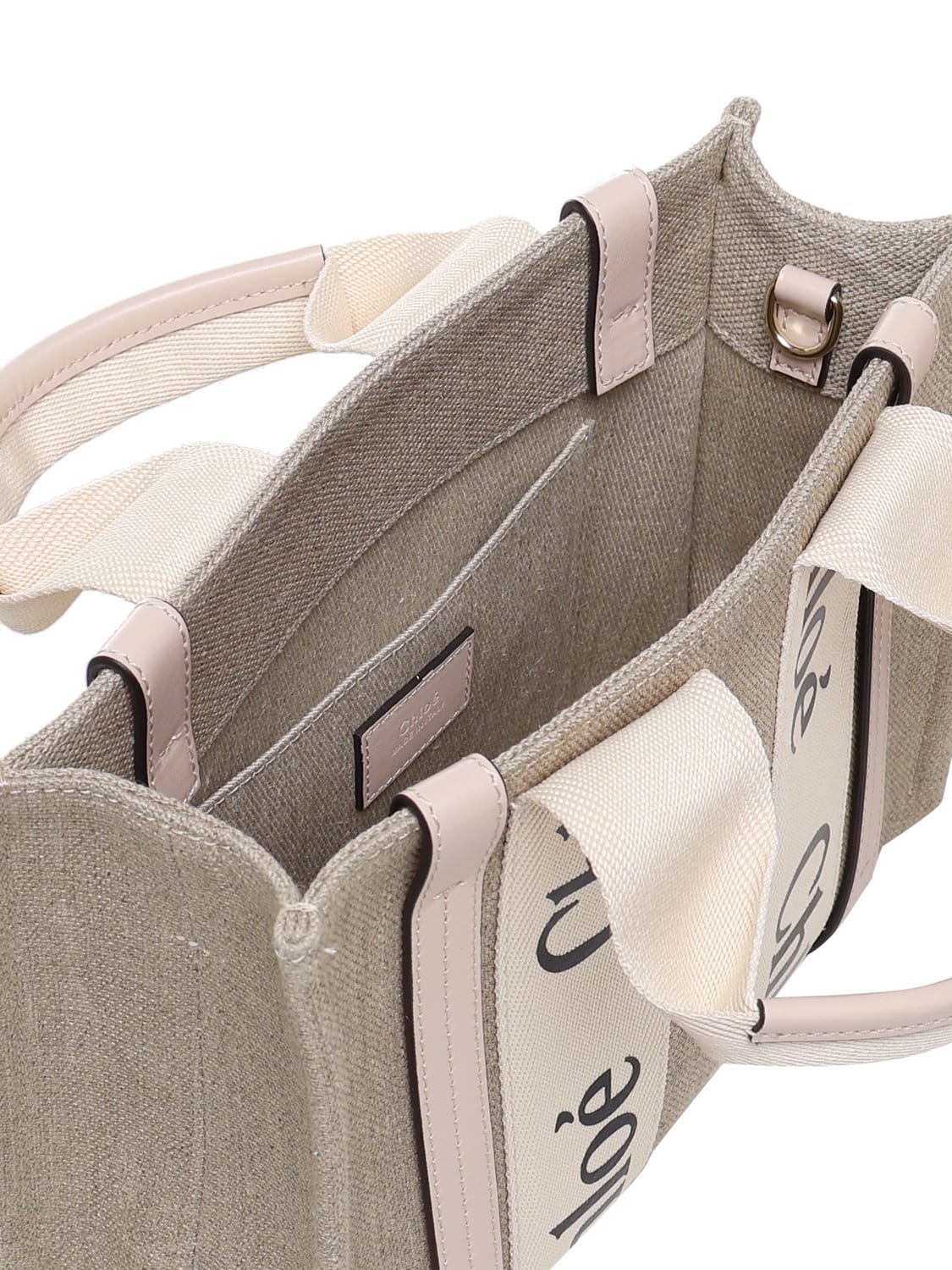 Shop Chloé Woody Bag Medium In Linen Canvas In Cement Pink