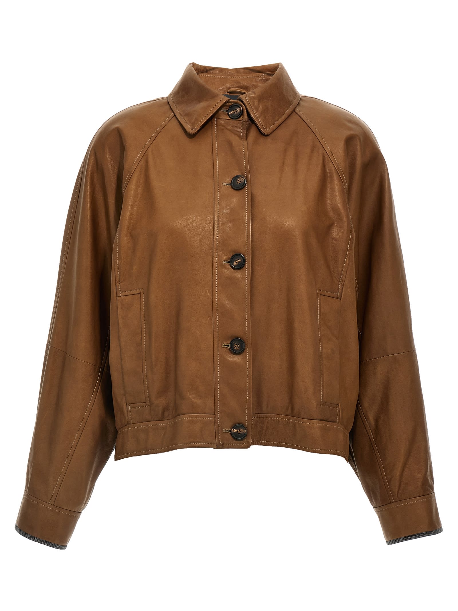 Shop Brunello Cucinelli Monile Leather Jacket In Brown