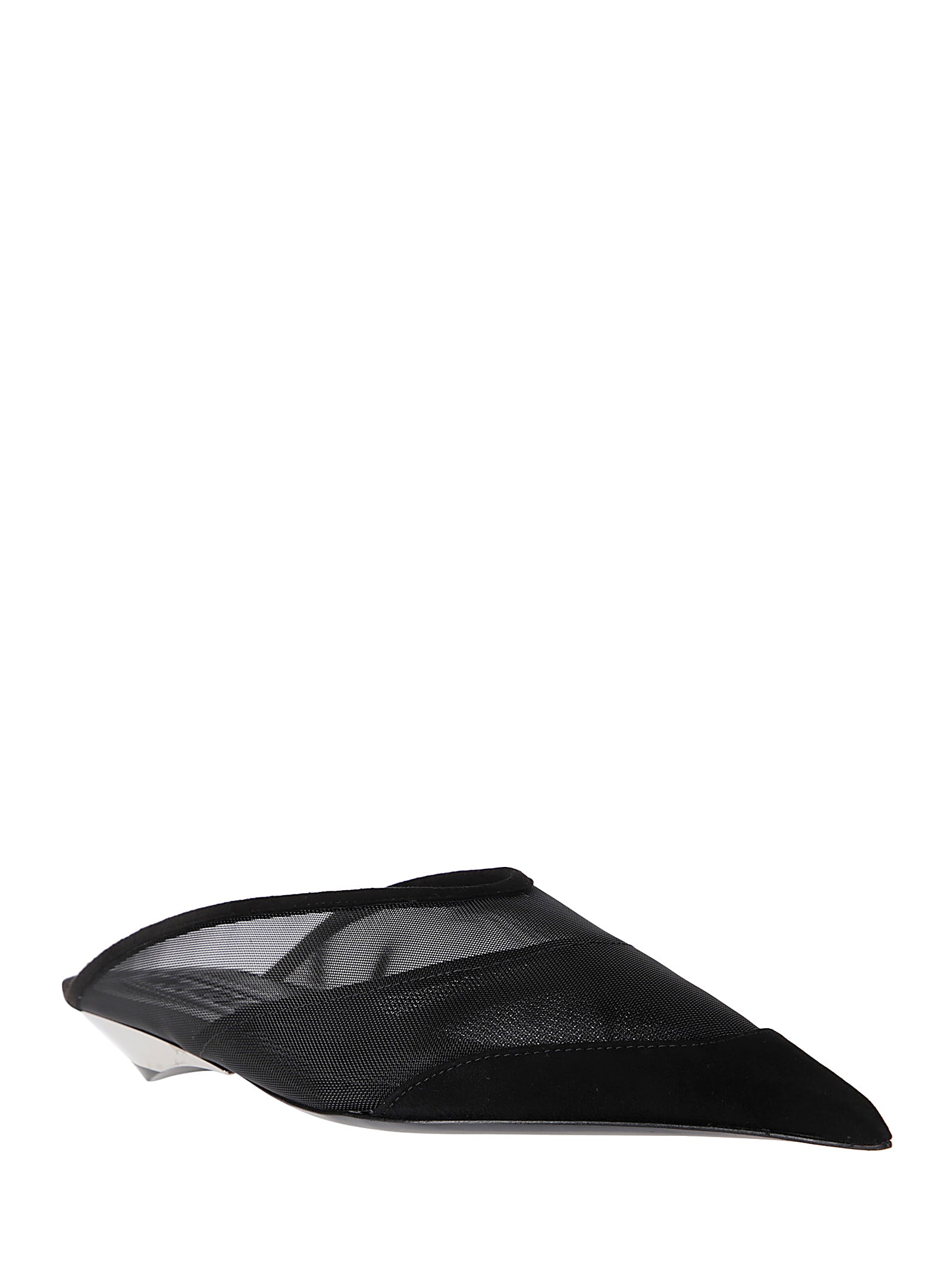 Mugler Pointy Mesh Flat In Mesh Suede Black / Chrome Heel
