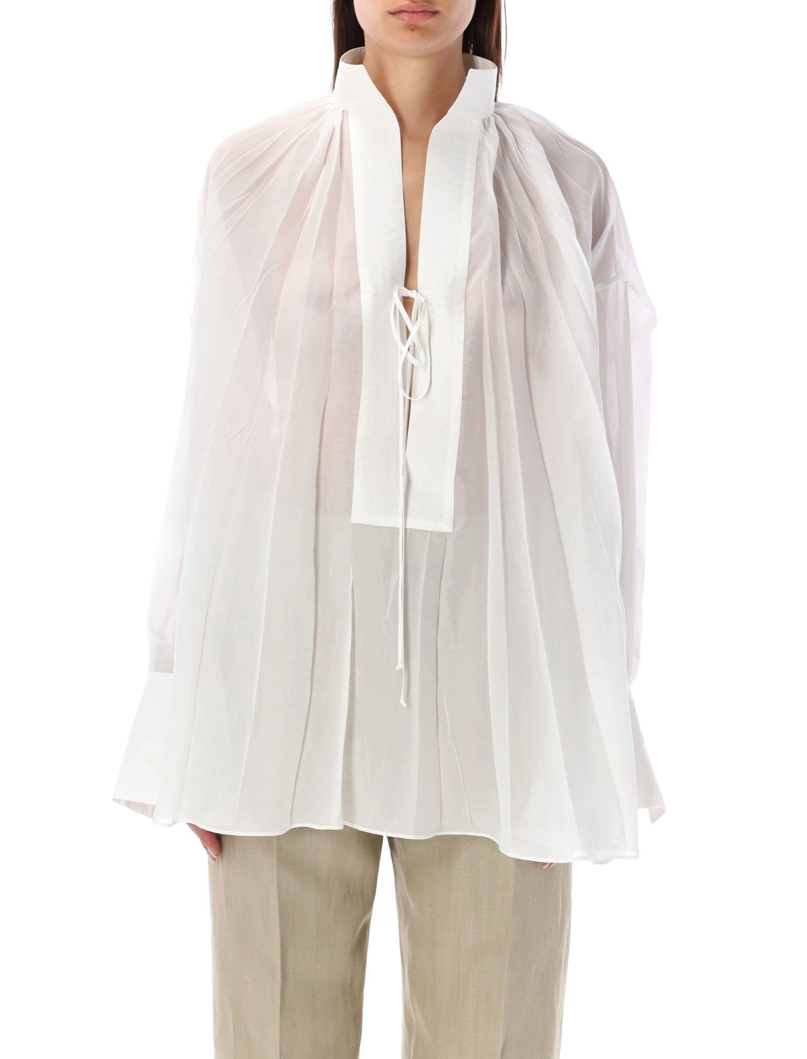 Ferragamo Oversized Pleated Shirt In Optic White