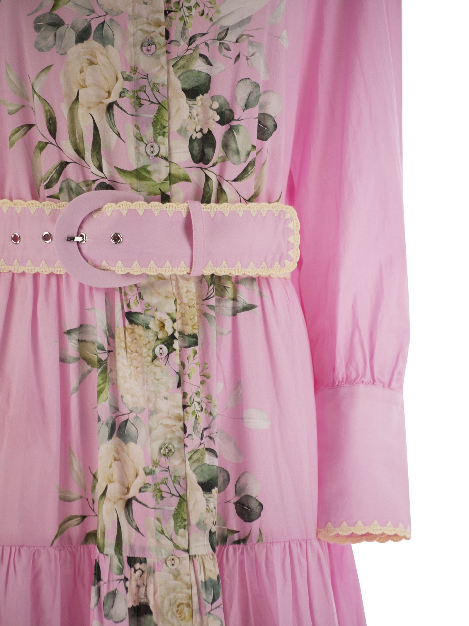 Shop Mc2 Saint Barth Long Cotton Dress With Floral Pattern In Pink