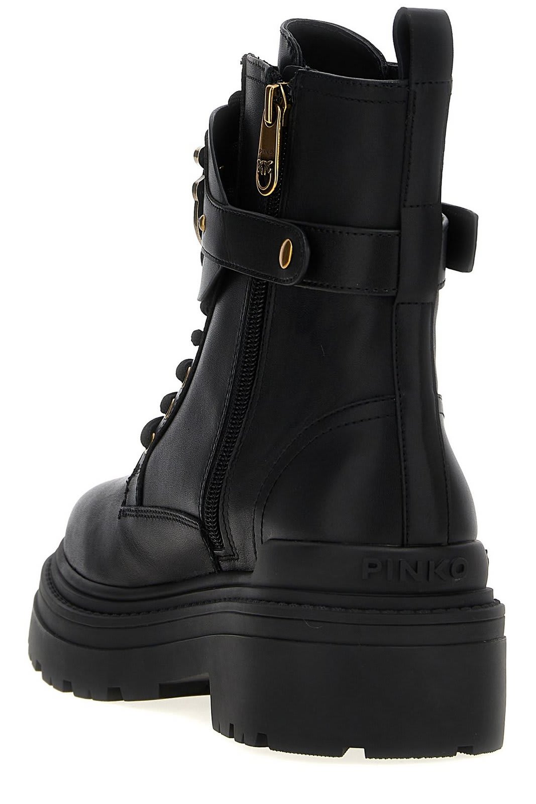 Pinko Chunky Platform Black Leather Boots With Decorative Buckle In Black