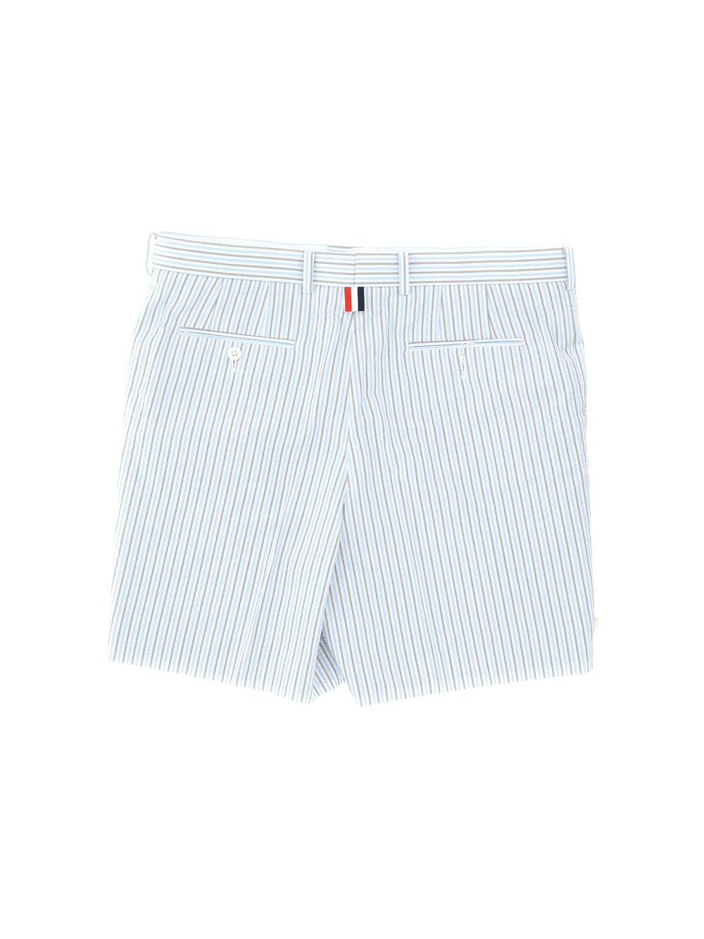 Shop Thom Browne Logo Tag Striped Seersucker Shorts In Navy
