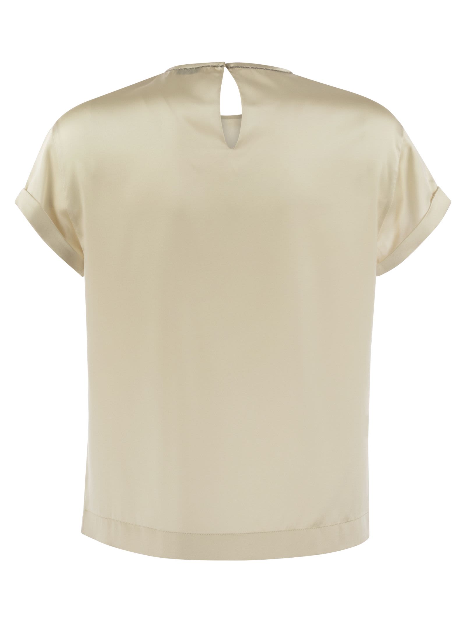 Shop Brunello Cucinelli Stretch Silk Satin T-shirt With Necklace In Cream