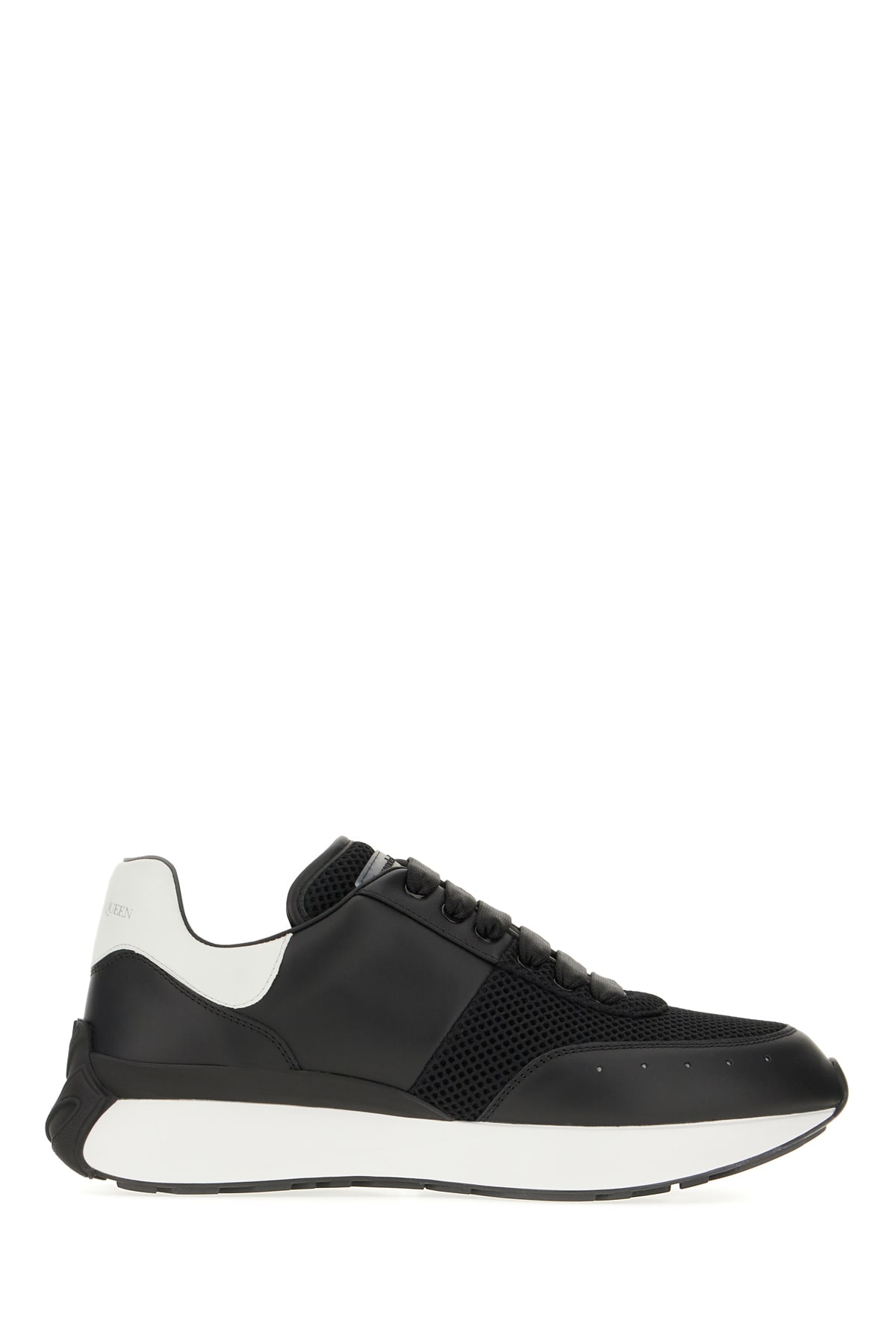 Alexander Mcqueen Black Leather And Mesh Sneakers With White Heel In Black White Silver