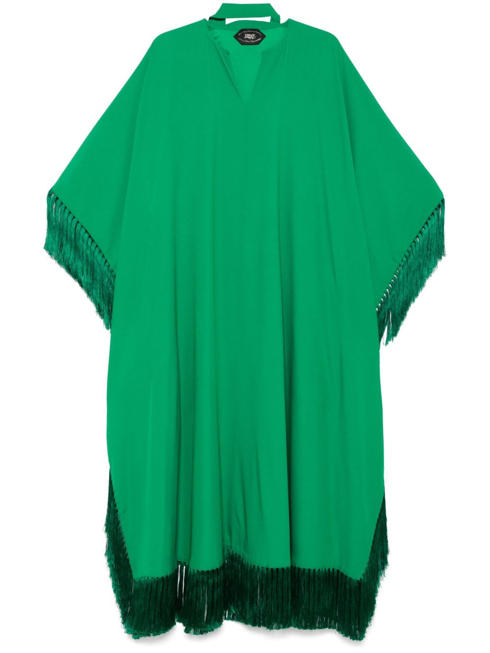 Taller Marmo Long Kaftan With Fringed Edge And Attached Scarf In Green