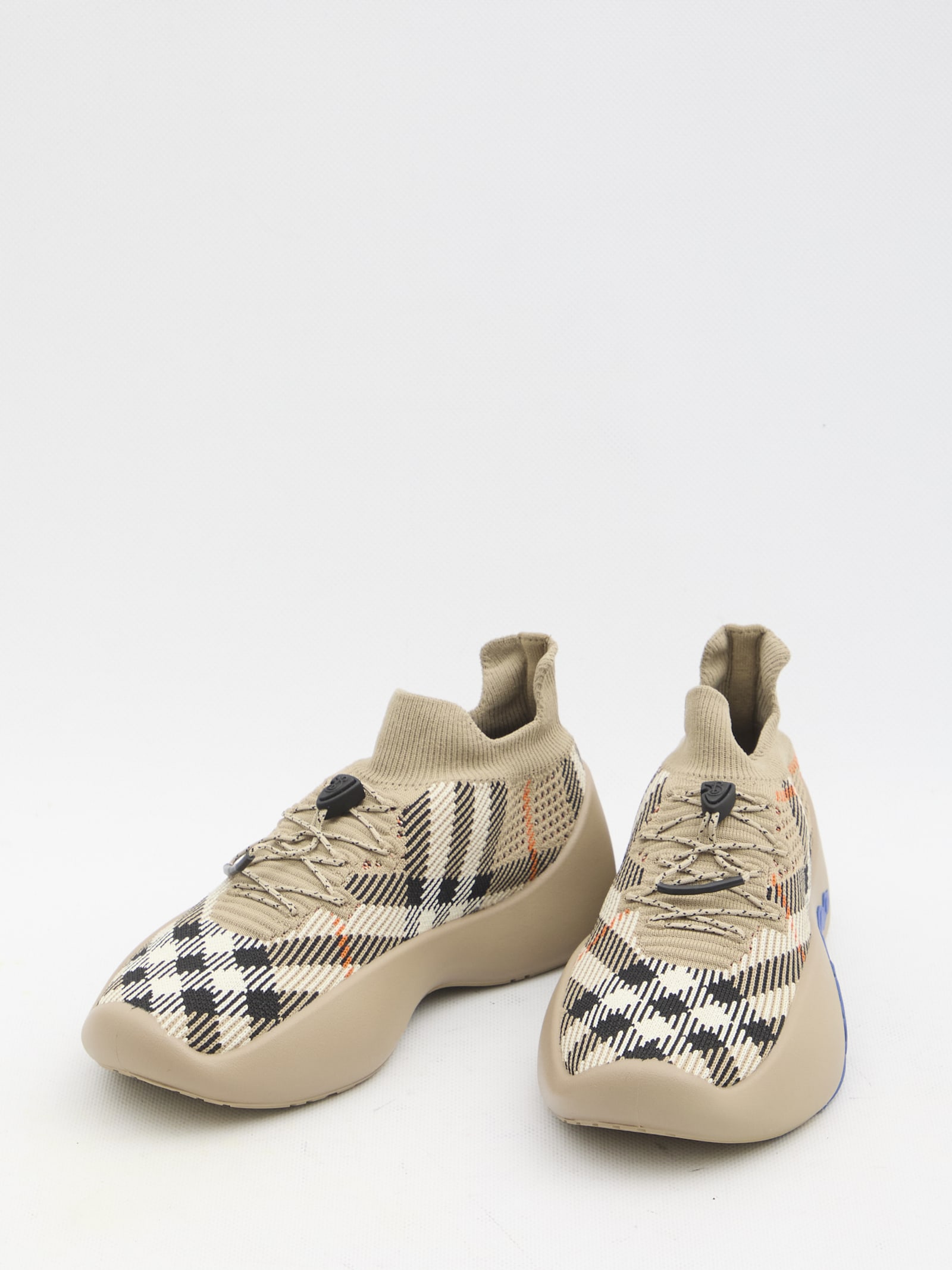 Shop Burberry Check Knit Neptune Sneakers In Beige