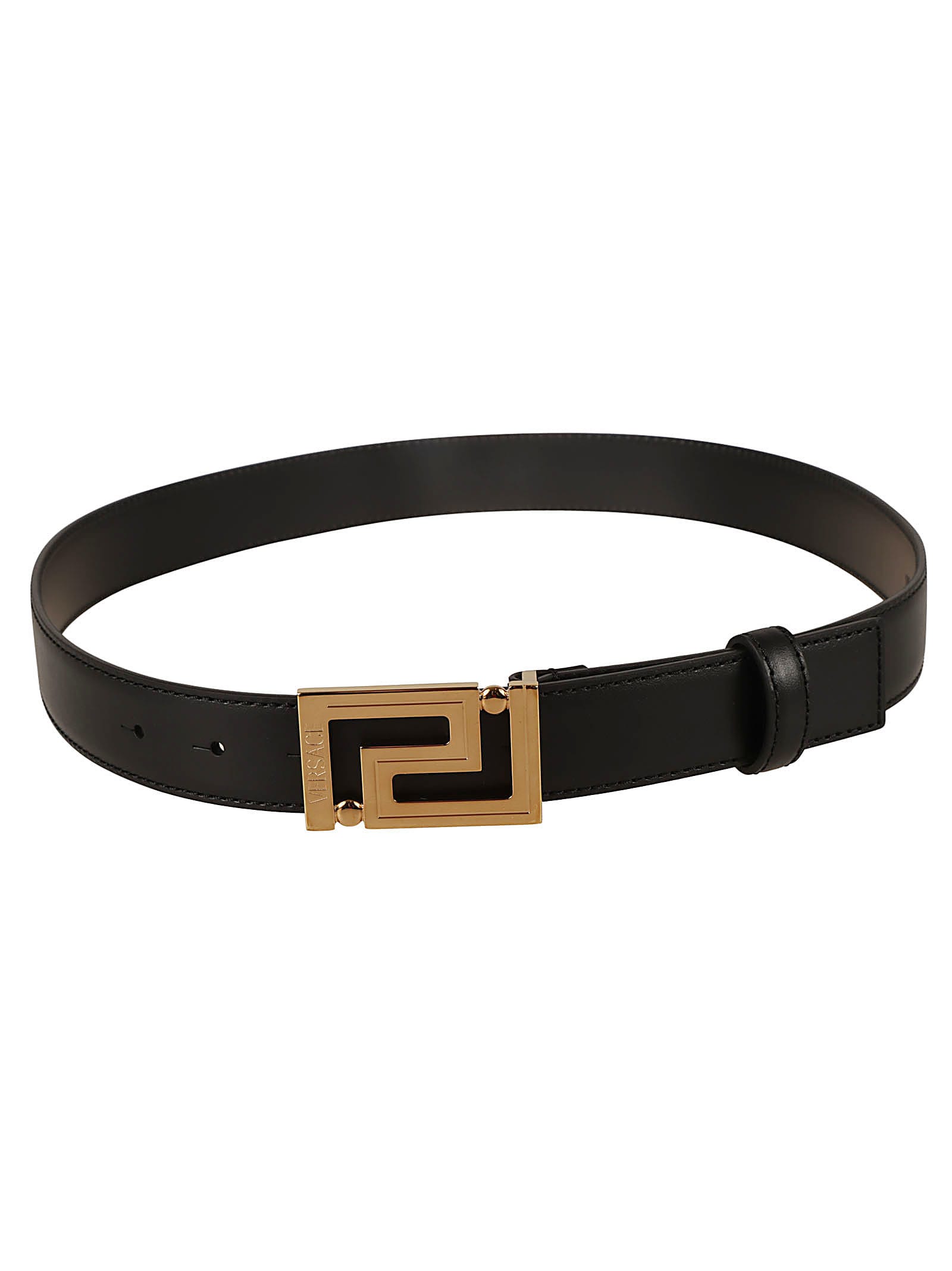 Versace Logo Buckle Belt In Black/ Gold