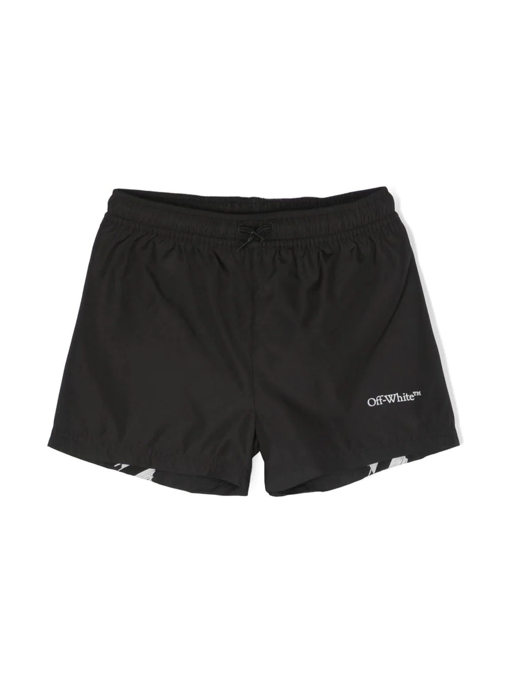 OFF-WHITE BLACK SWIM SHORTS WITH LOGO AND DIAGONALS