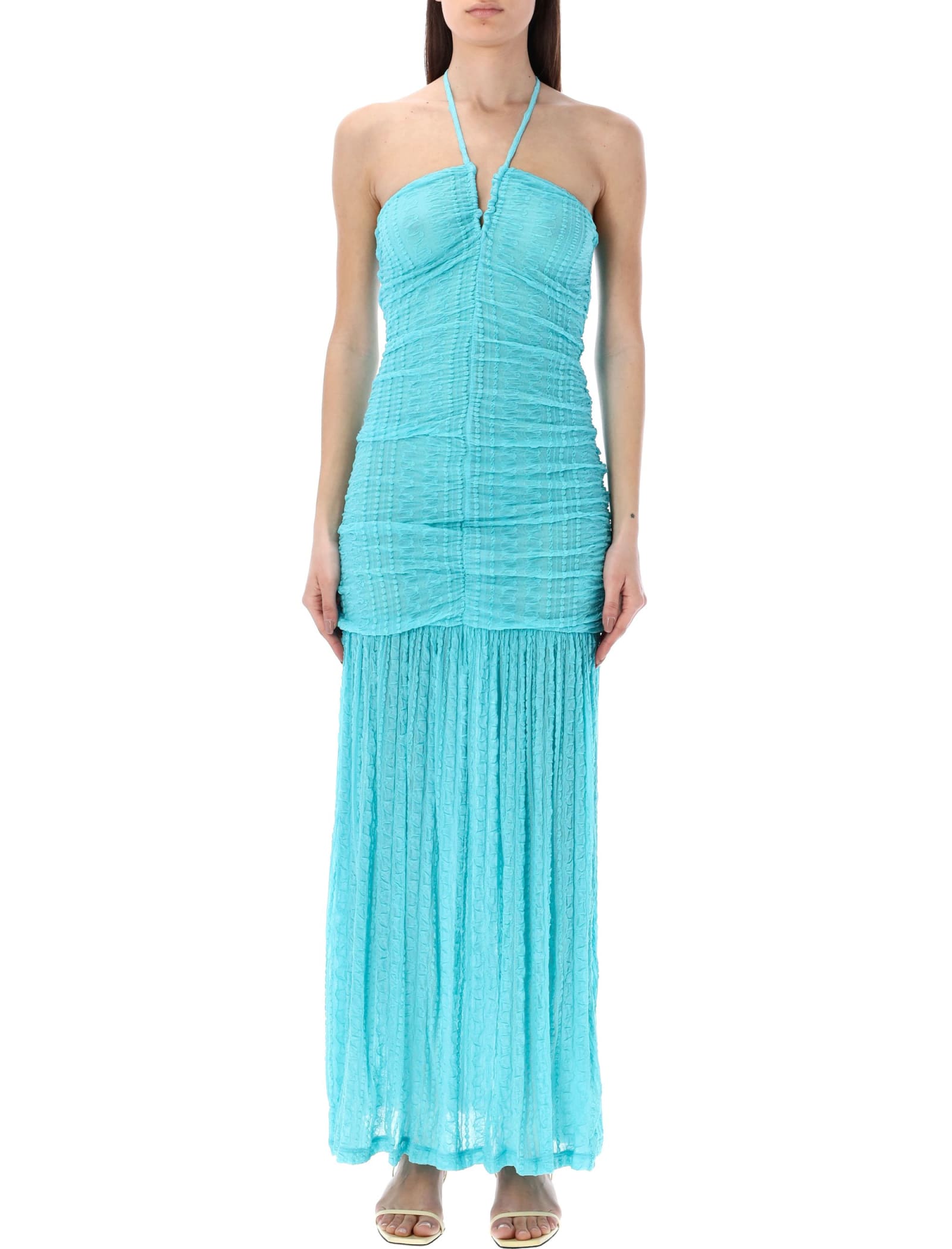 Ganni Women's Ruched Stretch Lace Halter Maxi Dress In Blue Curacao