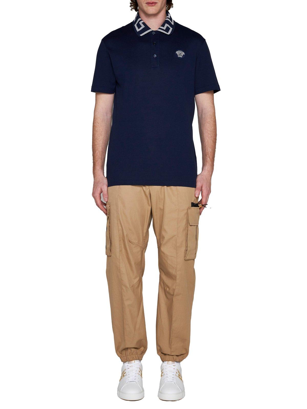 Shop Versace Medusa Embroidered Polo Shirt In Blue