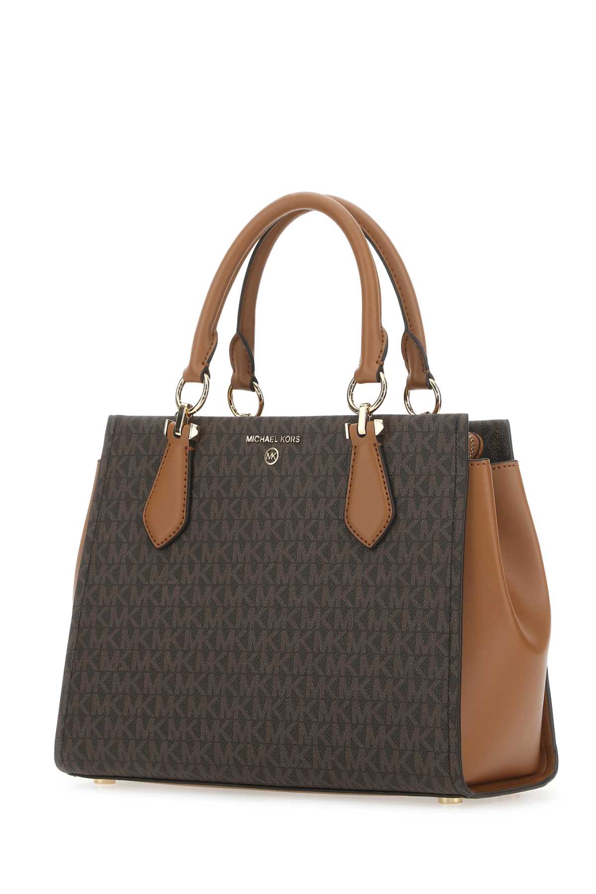 Shop Michael Kors Printed Canvas Marilyn Handbag In Brnacorn