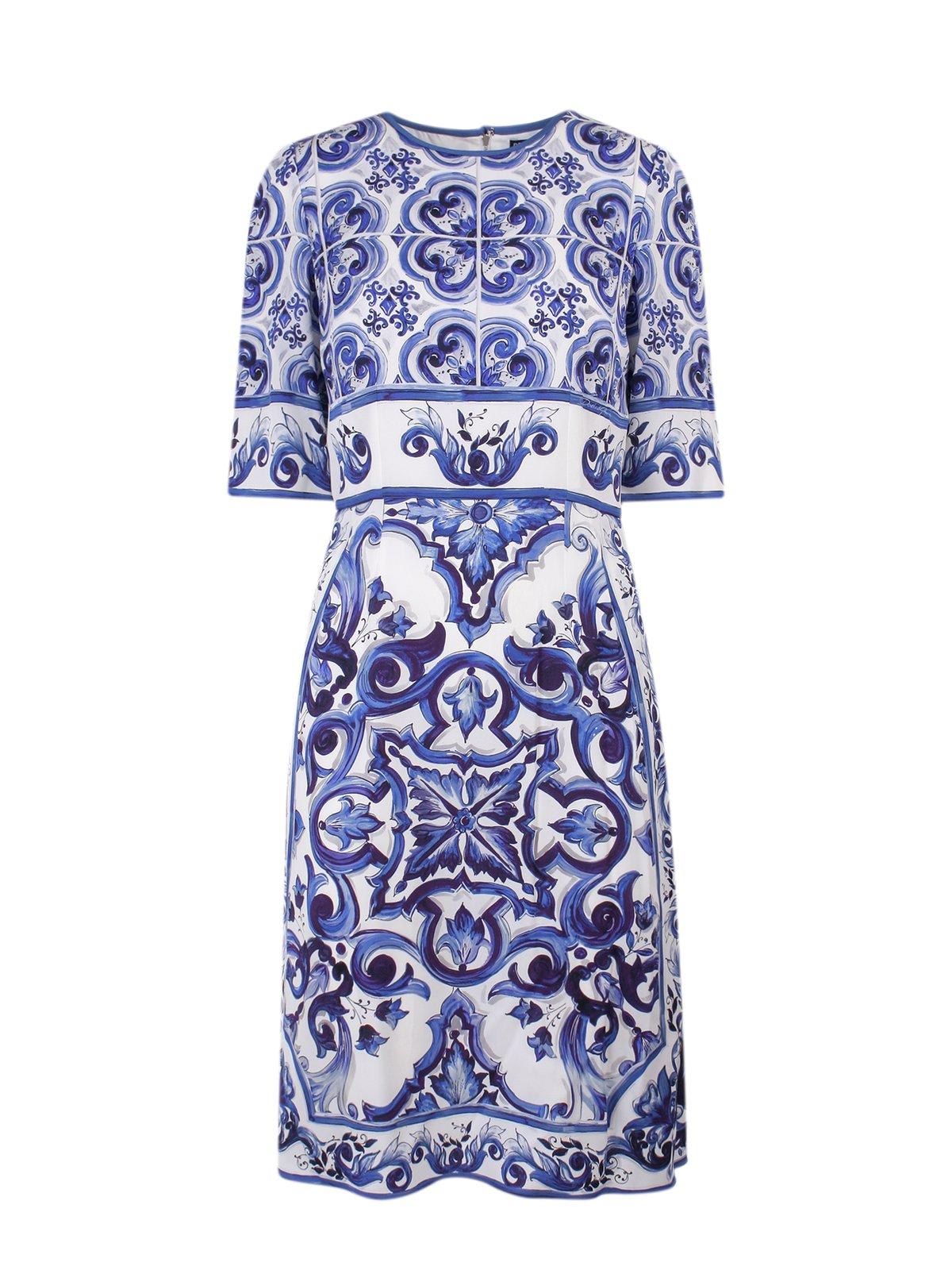 Shop Dolce & Gabbana Majolica-print Round Neck Midi Dress In Blu