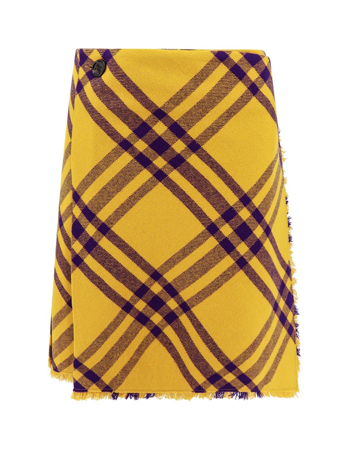Shop Burberry Checkered Fringed Edge Skirt In Yellow/purple