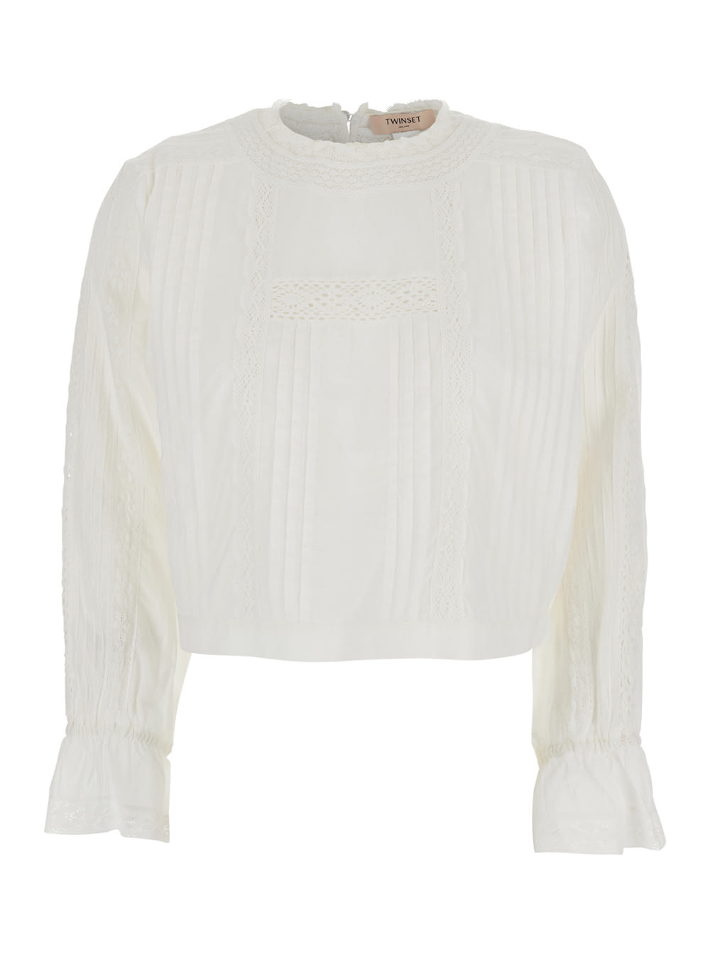 TWINSET WHITE SWEATER WITH MOCK NECK AND EMBROIDERED DETAILS IN COTTON WOMAN