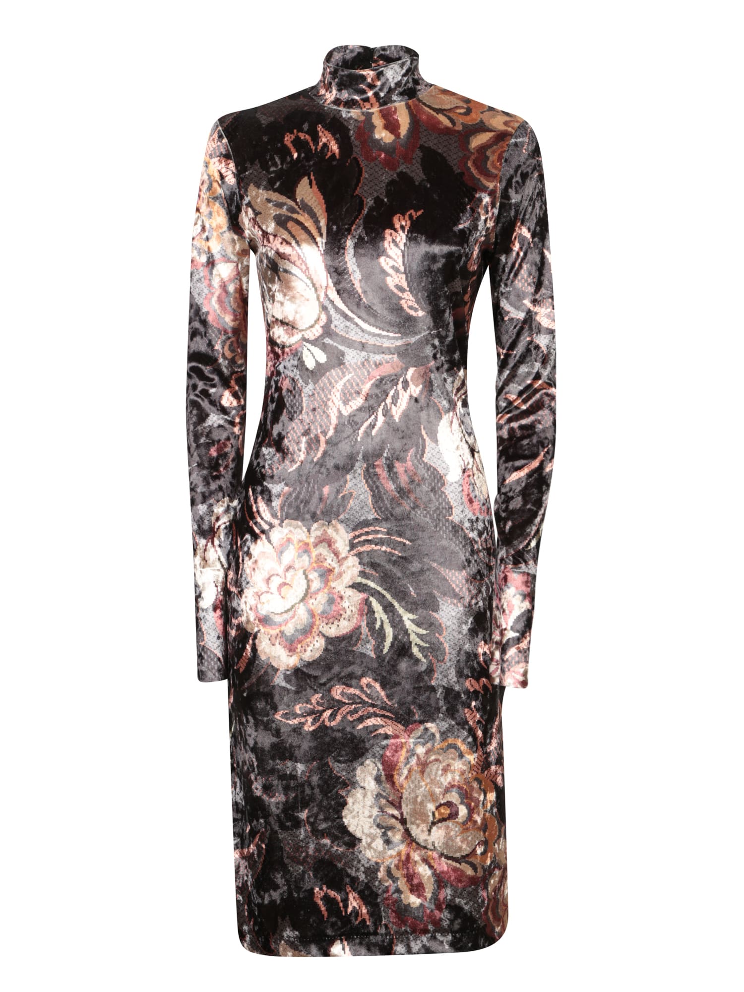 Etro Floral Grey Pink Velvet Midi Dress In Multi