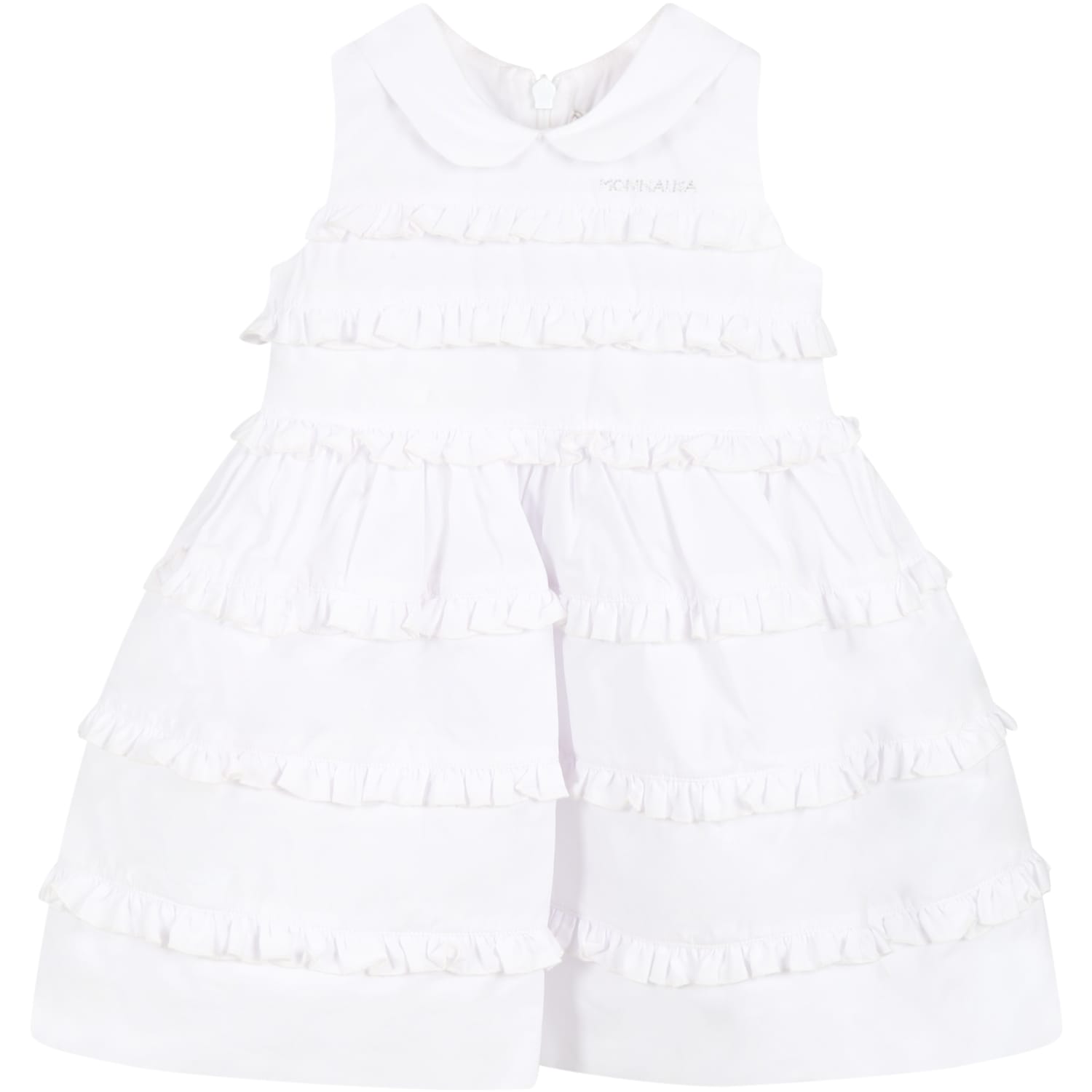 Monnalisa White Dress For Baby Girl With Rhinestone Logo