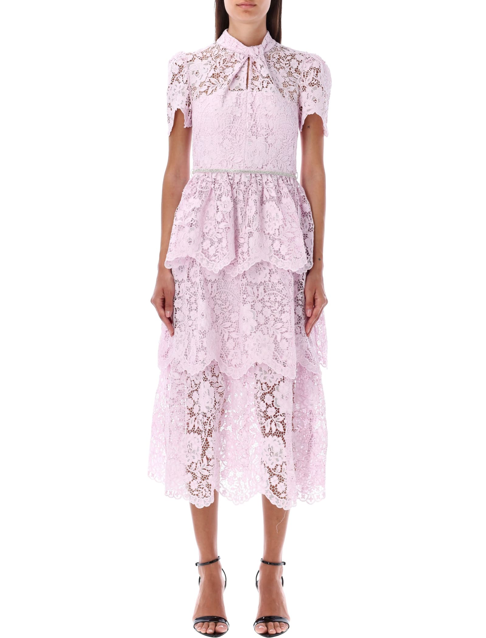 E*様 Self Portrait Cord Lace Tiered Dress self-portrait Pink Cord Lace Tiered Midi Dress | Smart Closet
