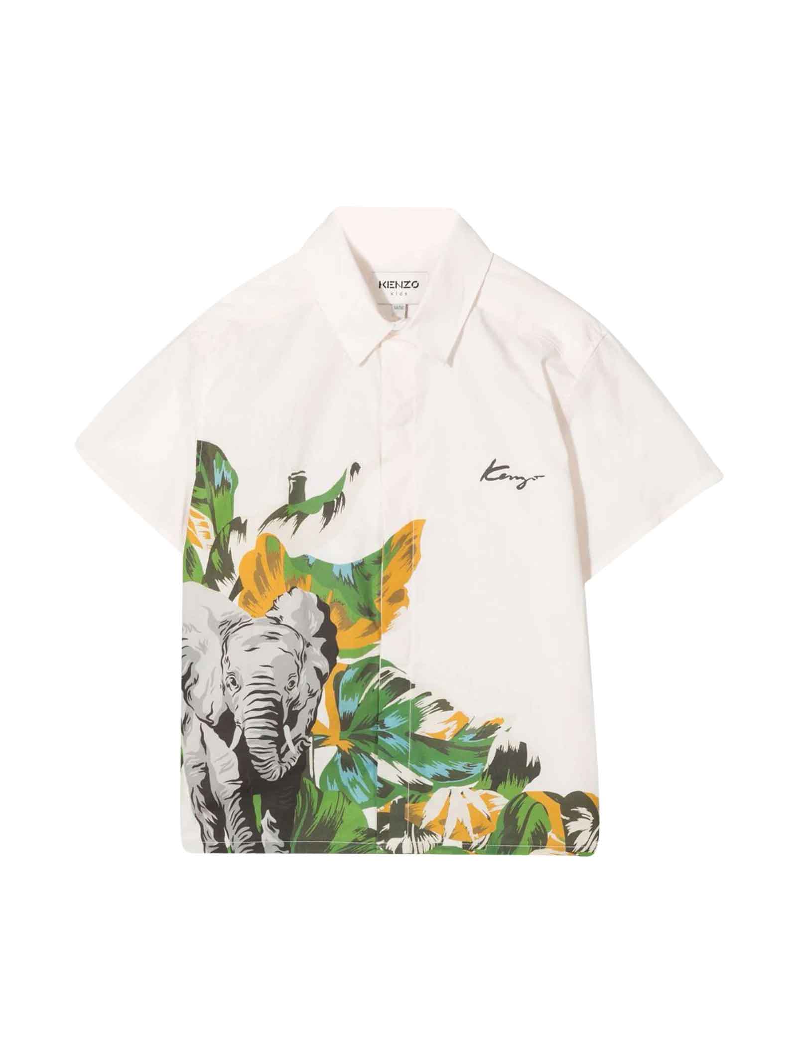 Kenzo Kids White Teen Boy Shirt With Jungle Print With Classic Collar, Short Sleeves, Front Closure With Buttons By.