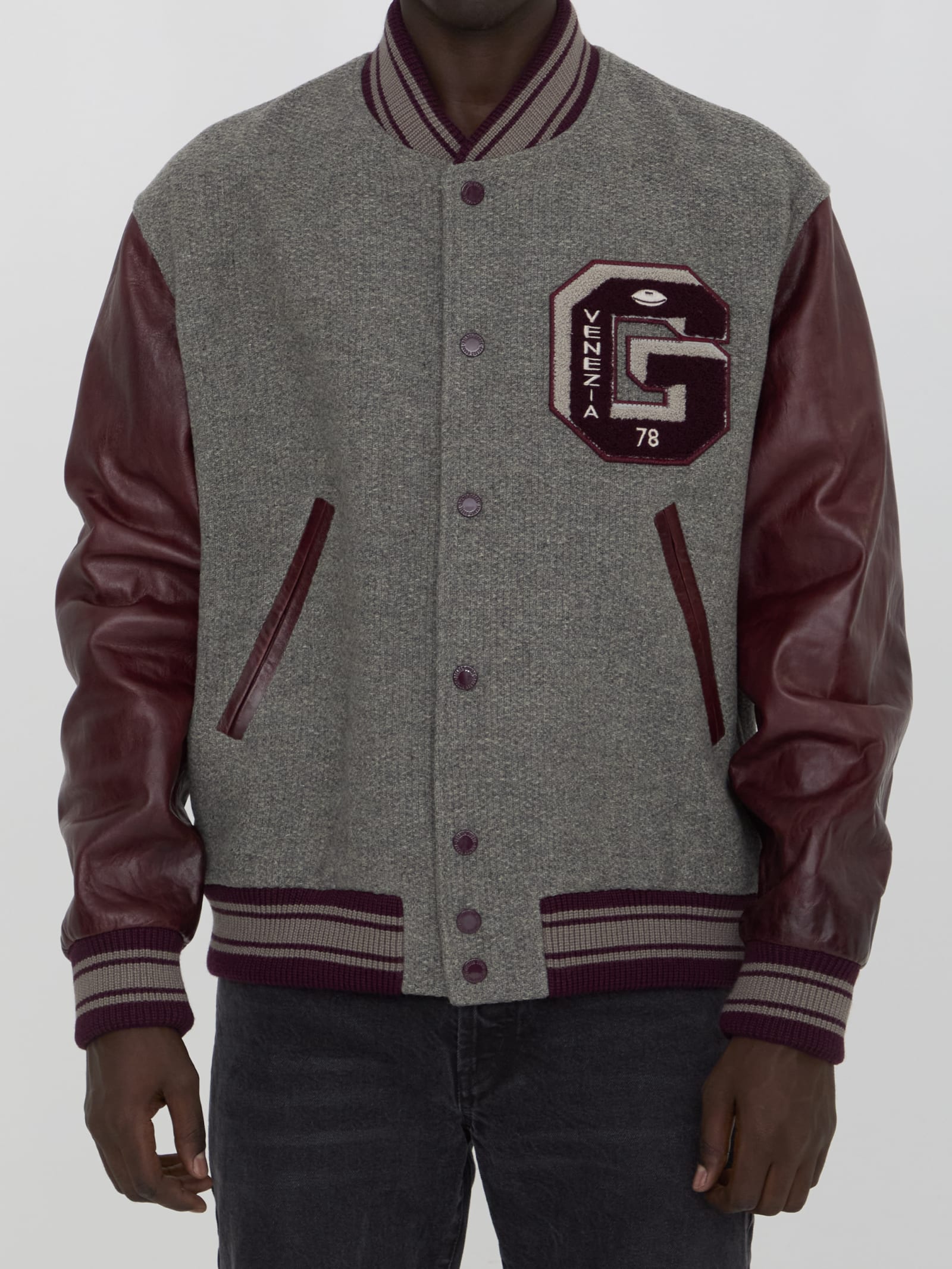 Shop Golden Goose Wool Bomber Jacket With Leather Sleeves In Melange Grey/ Vineyard Wine