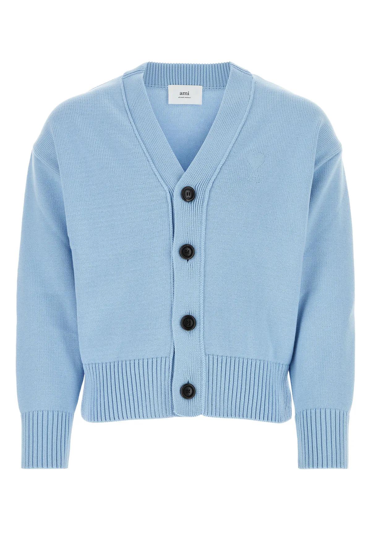 AMI ALEXANDRE MATTIUSSI LIGHT-BLUE COTTON BLEND CARDIGAN