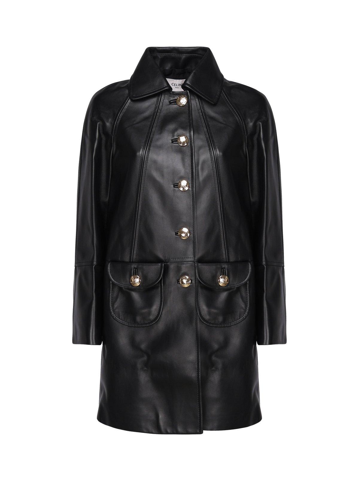 Shop Celine Claudine Collar Leather Coat In Black