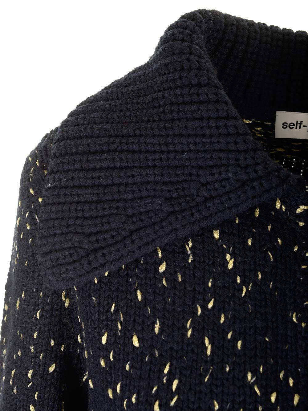 Shop Self-portrait Navy Metallic Merino Cardigan In Blue