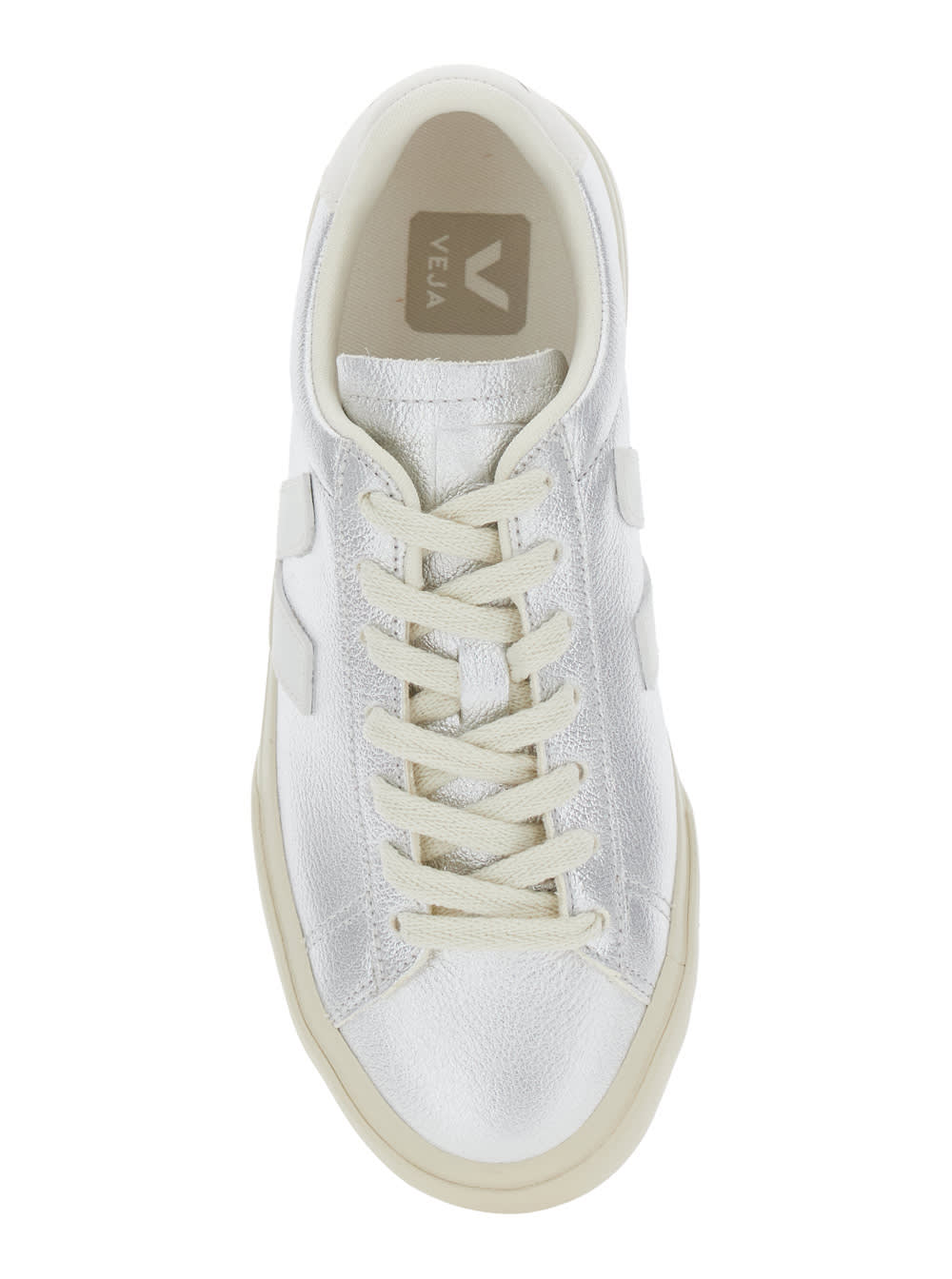 Veja Campo Metallic Low Top Sneakers With Logo Detail On The Side And Logo Lettering On The Heel In Leath In Silver