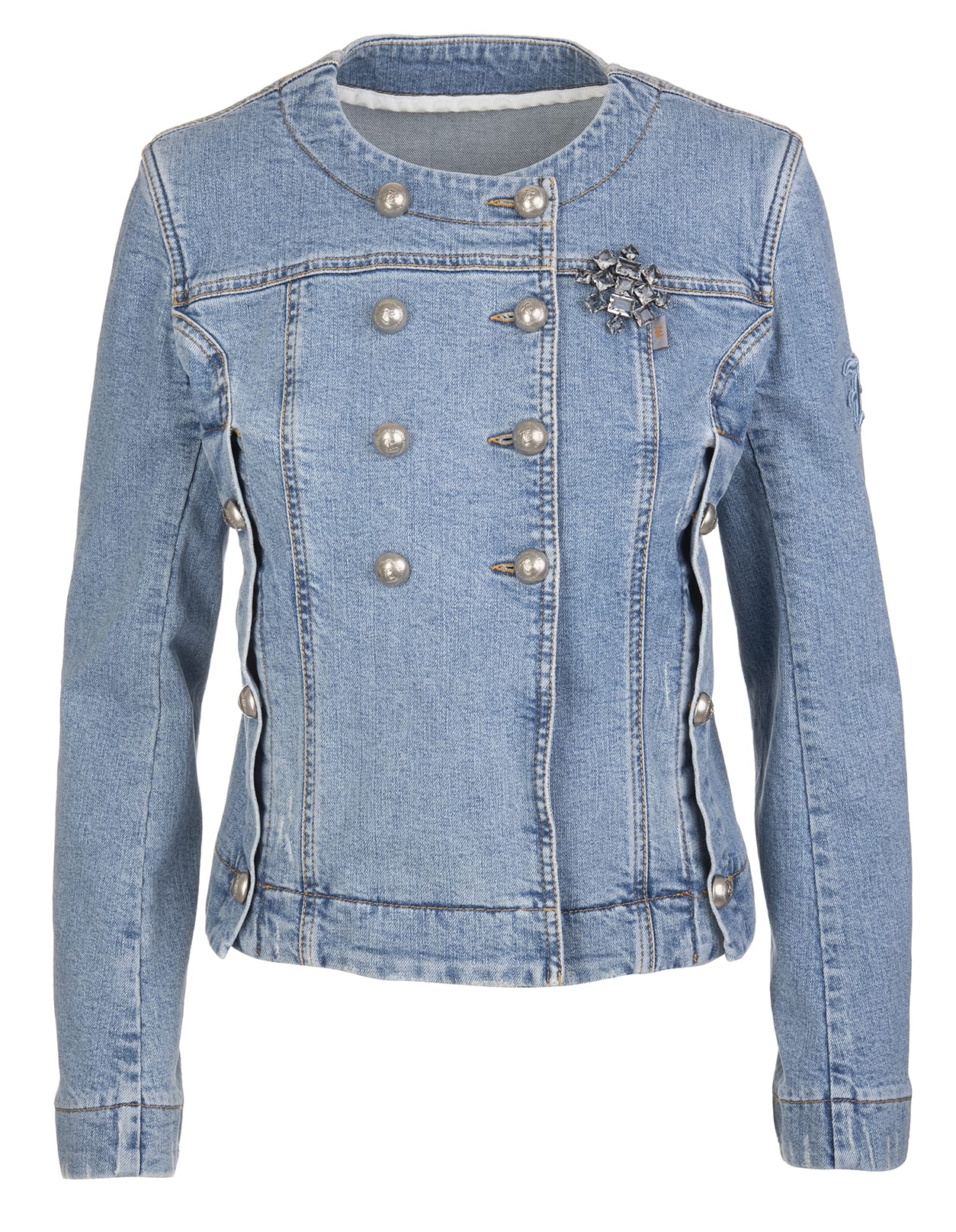 Ermanno Scervino Double-breasted Jacket In Light Blue Denim With Bijoux Brooch
