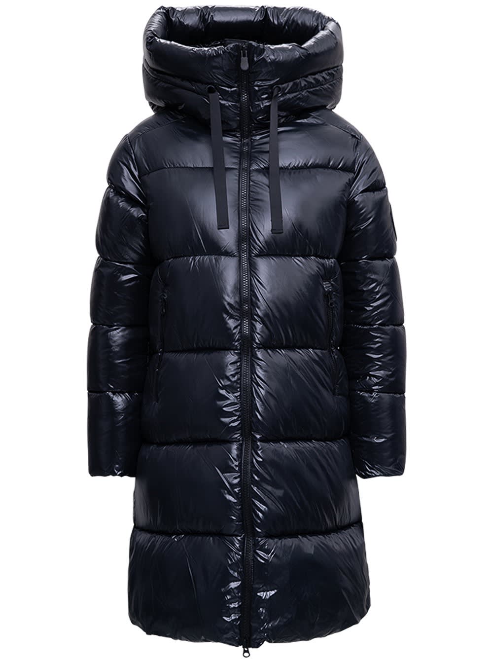 Save the Duck Long Ecological Black Down Jacket With Logo Patch