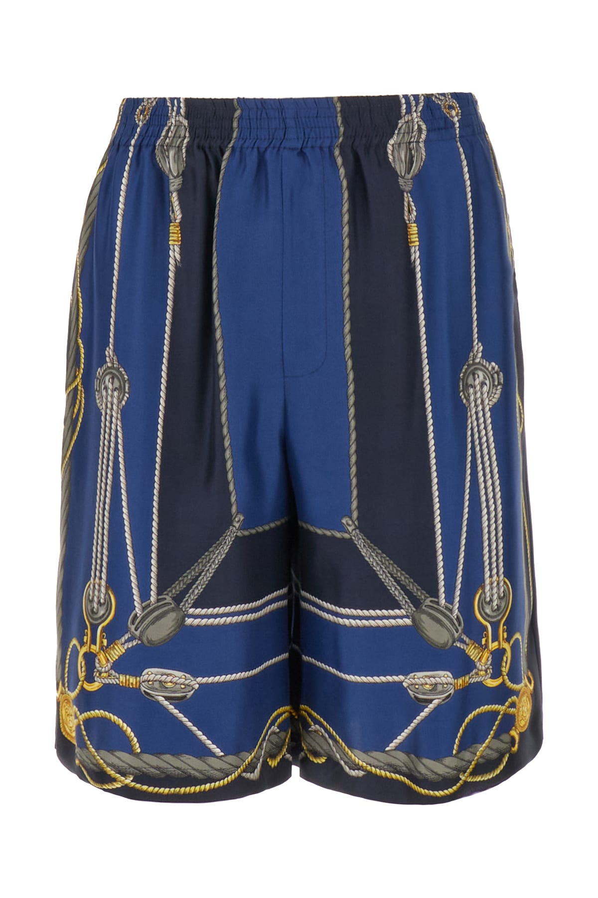 Shop Versace Printed Silk Bermuda Shorts In Blu Navy Oro