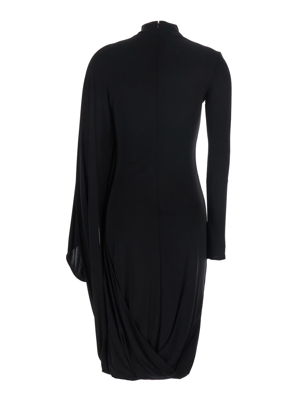 Stella Mccartney Black Asymmetric Midi Dress With High Neck And One Cape Sleeve In Black