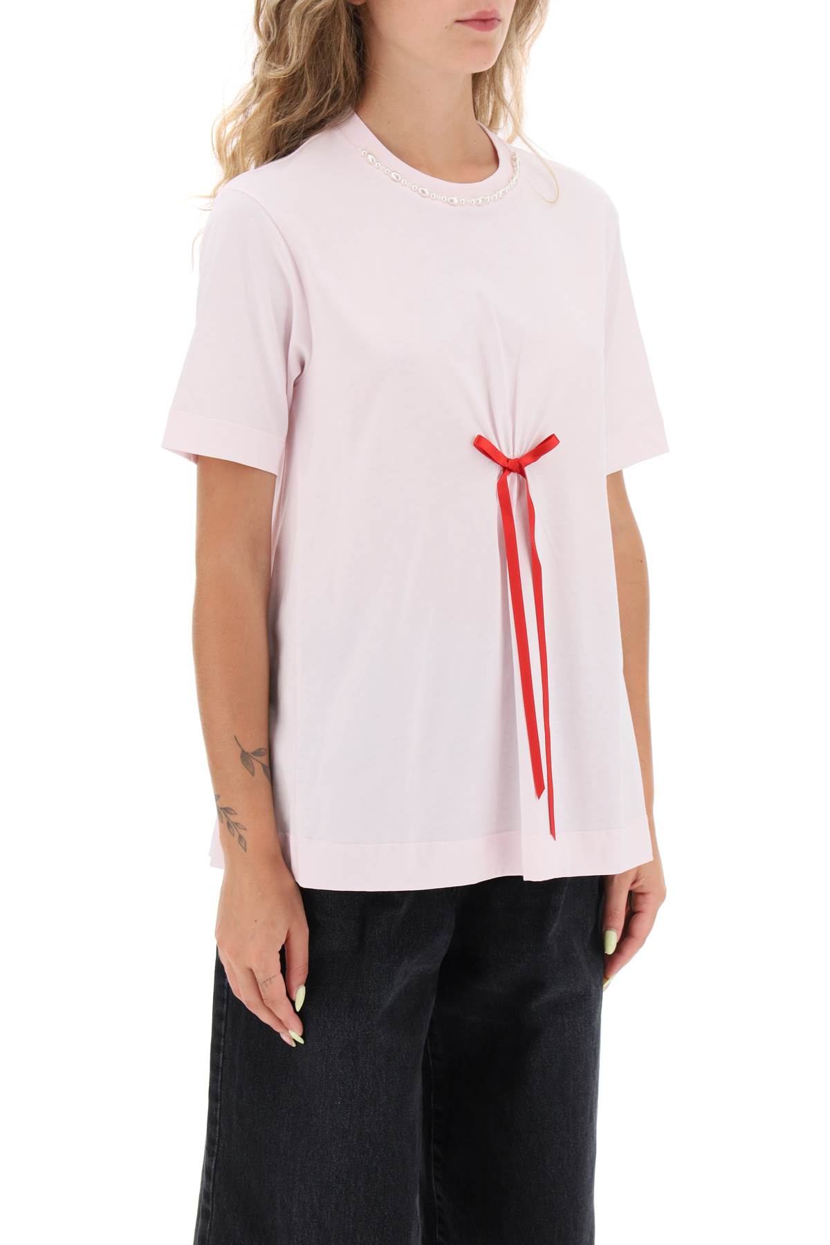 Shop Simone Rocha A-line T-shirt With Bow Detail In Pink Red Pearl (pink)