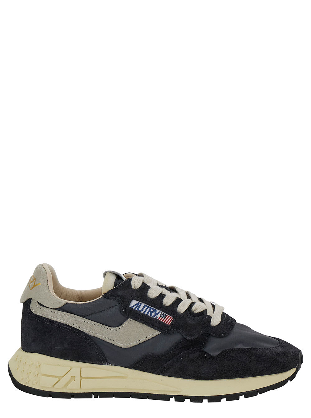 Shop Autry Reelwind Black And Grey Low Top Sneakers With Logo Patch In Leather And Suede Woman
