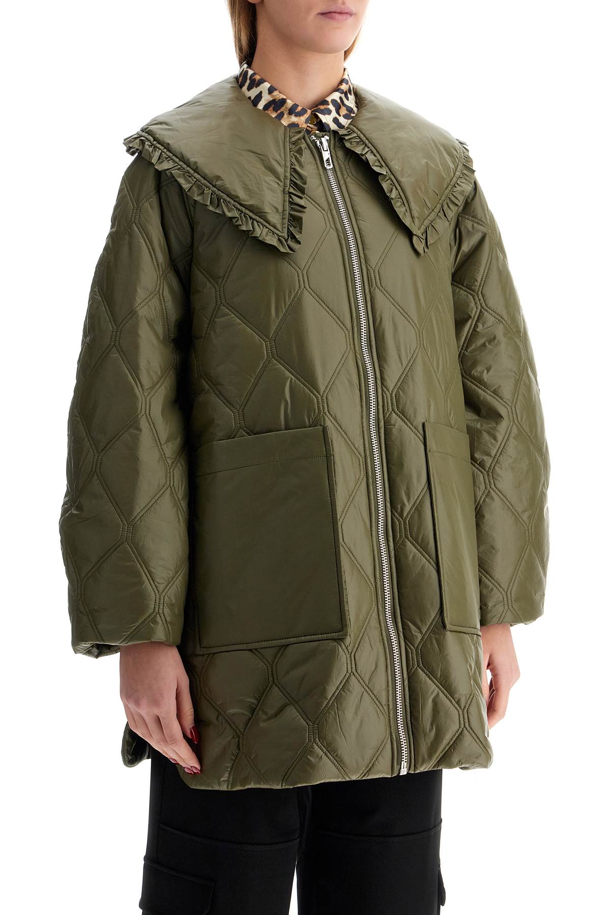 Ganni Lightweight Down Jacket With Oversized Collar In Kalamata (green)