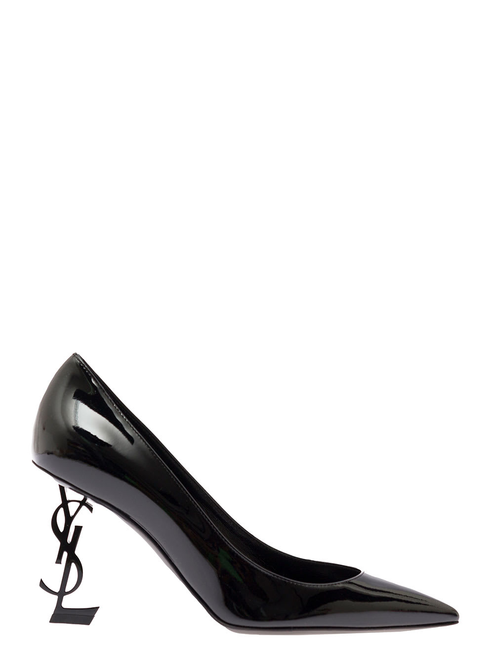 Shop Saint Laurent Opyum Black Pumps With Structured Heel With Cassandre In Patent Leather Woman