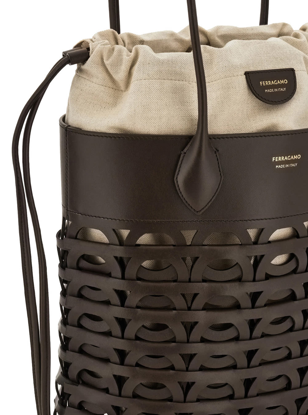 FERRAGAMO BLACK TOTE BAG WITH CUT-OUT AND MAGNETIC CLOSURE AND DRAWSTRING CLOSURE IN LEATHER WOMAN 