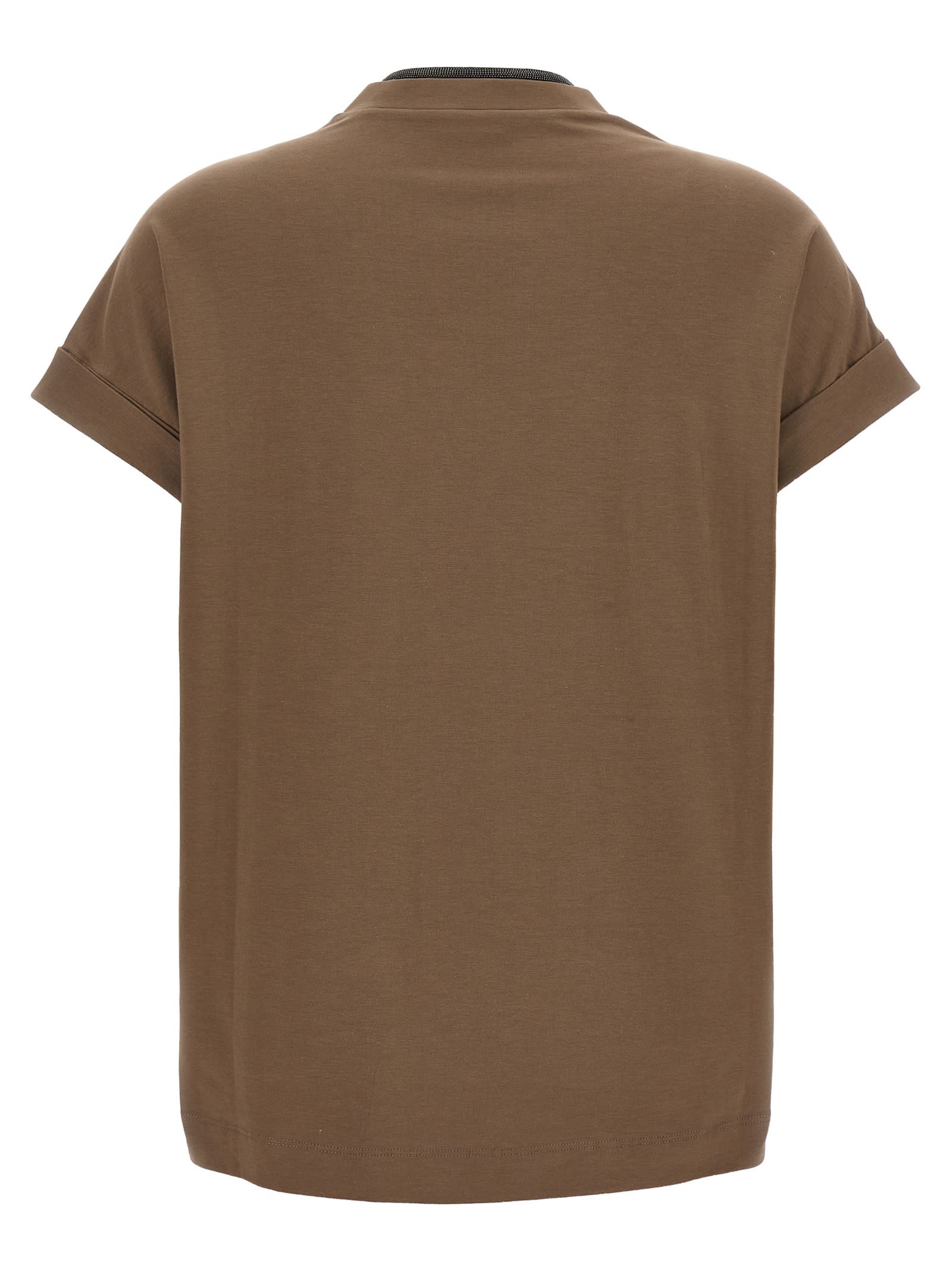 Brunello Cucinelli Rolled Cuffs V-neck Short Sleeve Top In Brown
