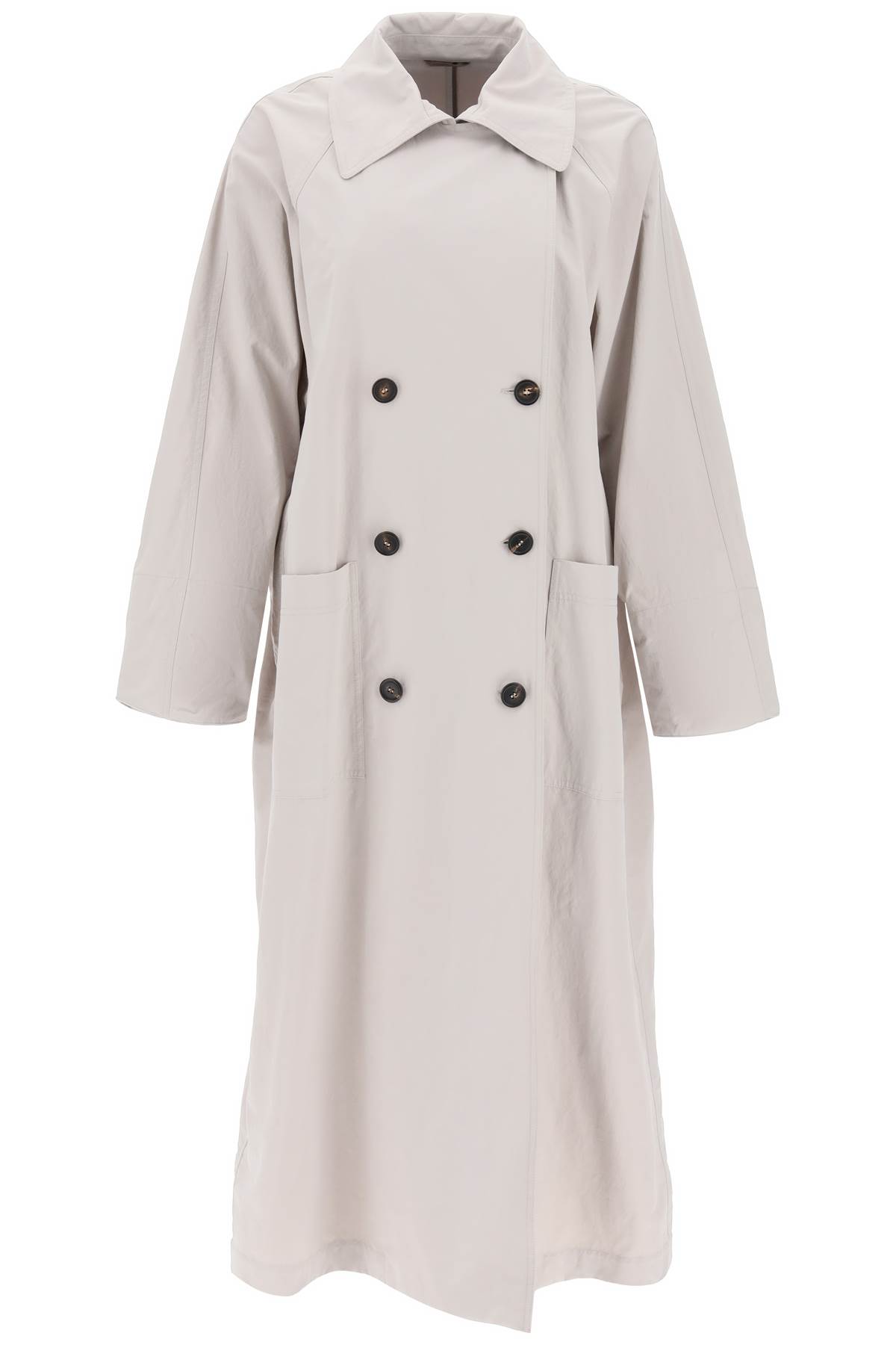 Shop Brunello Cucinelli Double-breasted Trench Coat With Shiny Cuff Details In Quarzo (grey)